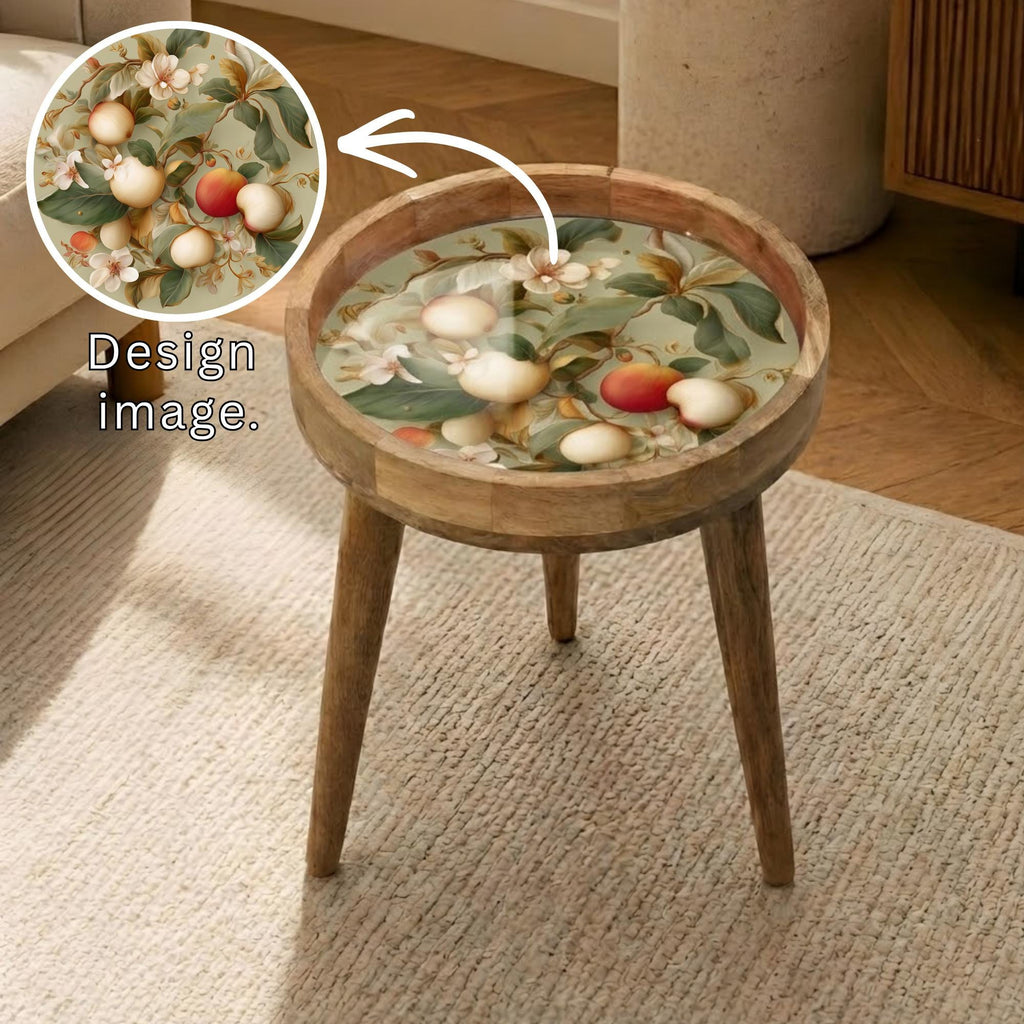 Printed Mango Wood Side Table | Handmade Waterproof Accent Furniture | Floral Decor
