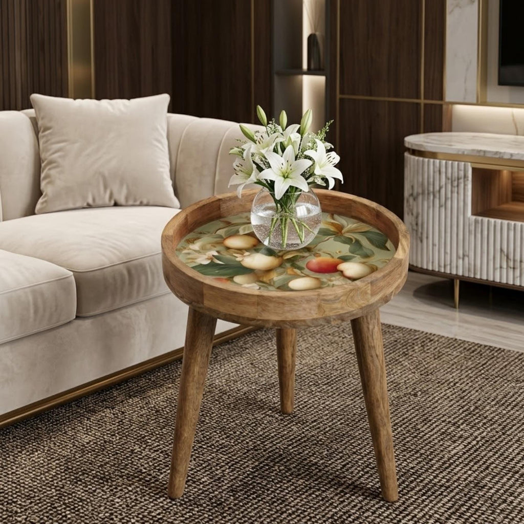 Printed Mango Wood Side Table | Handmade Waterproof Accent Furniture | Floral Decor