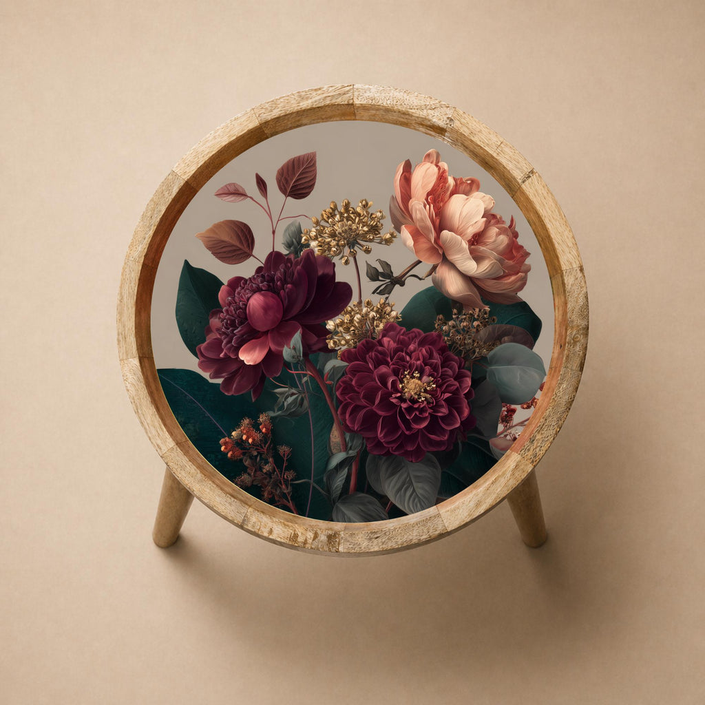 Printed Mango Wood Side Table | Handmade Waterproof Accent Furniture | Floral Design