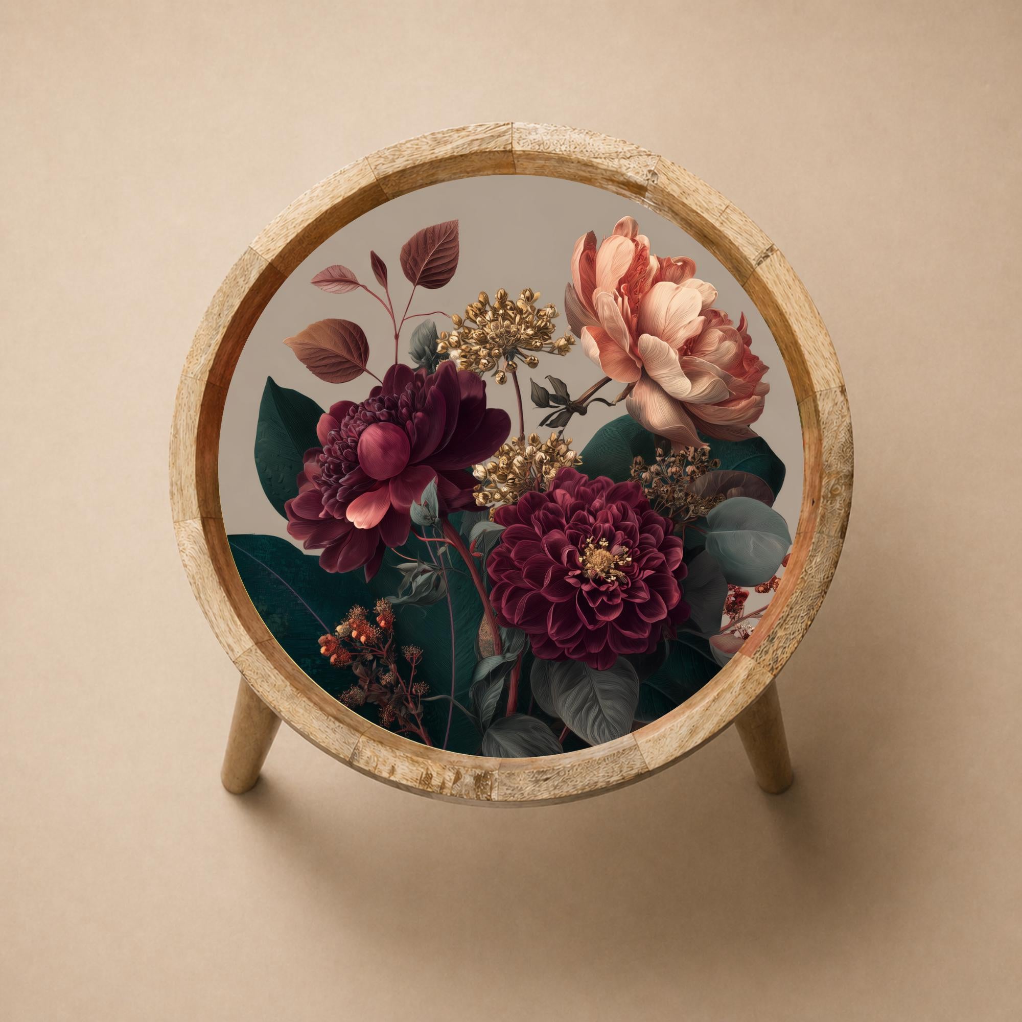 Printed Mango Wood Side Table | Handmade Waterproof Accent Furniture | Floral Design