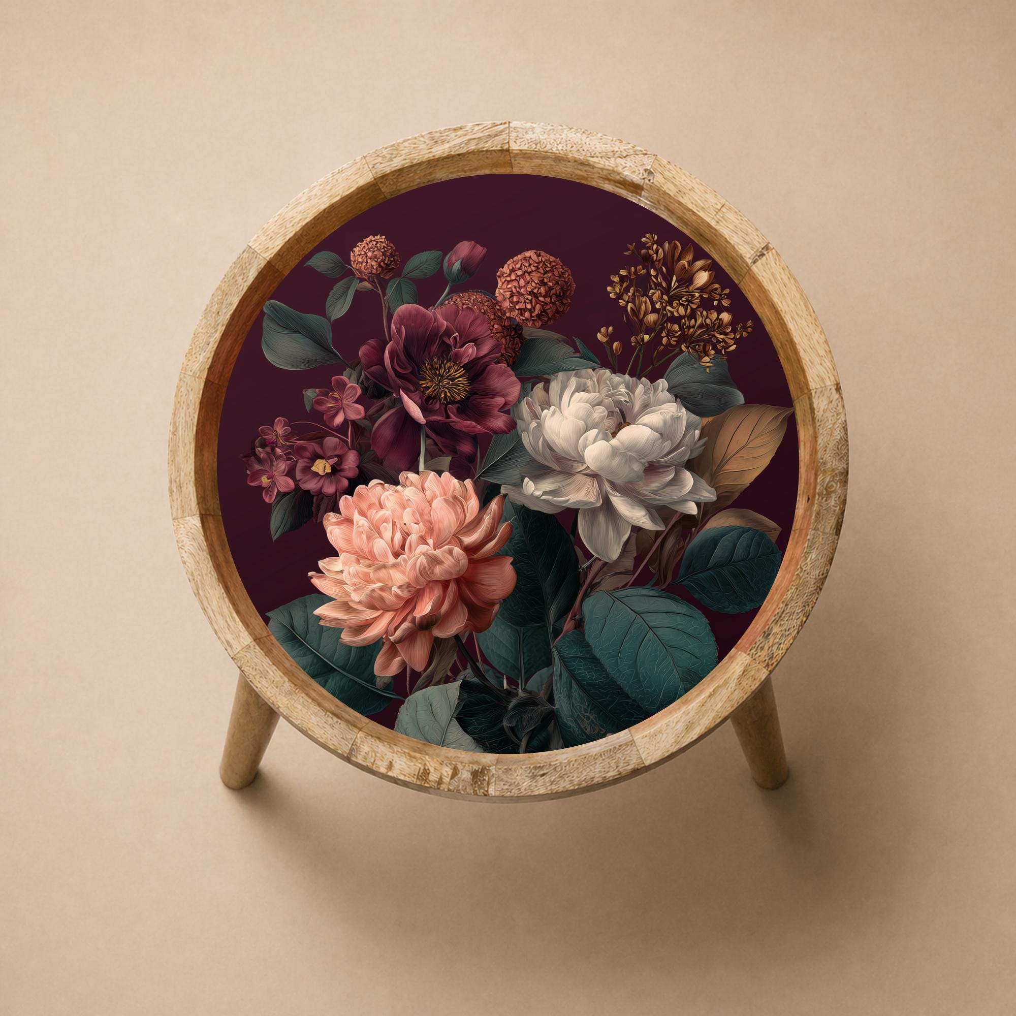 Printed Mango Wood Side Table | Floral Boho Accent Table | Waterproof Living Room Decor