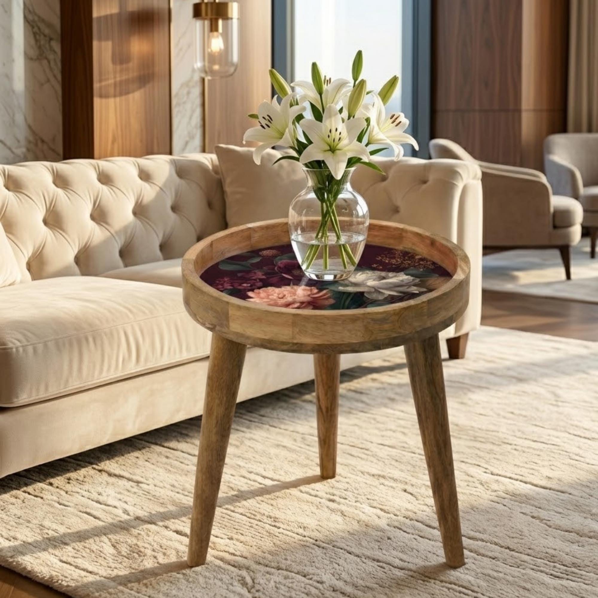 Printed Mango Wood Side Table | Floral Boho Accent Table | Waterproof Living Room Decor
