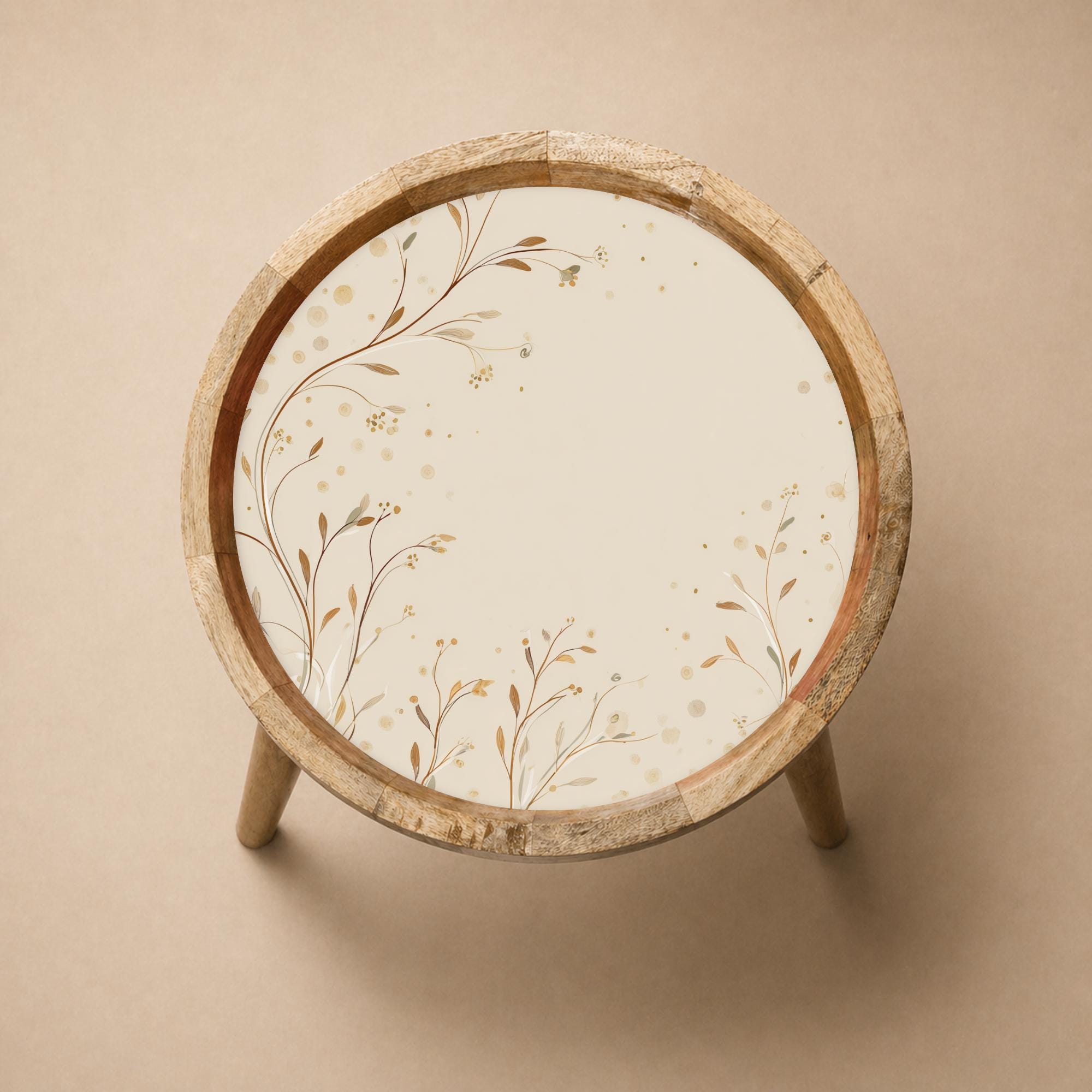 Printed Mango Wood Side Table | Minimal Floral Accent Table | Boho Living Room Decor