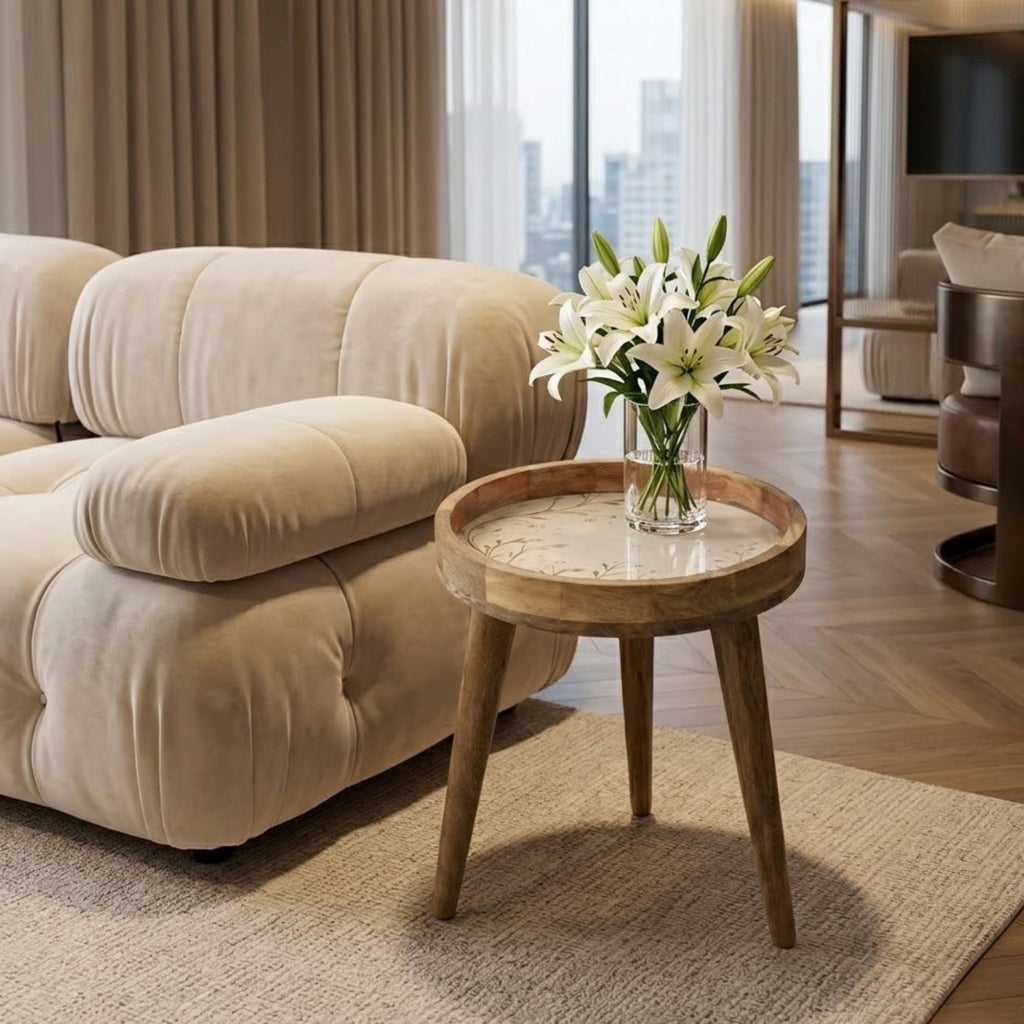 Printed Mango Wood Side Table | Minimal Floral Accent Table | Boho Living Room Decor