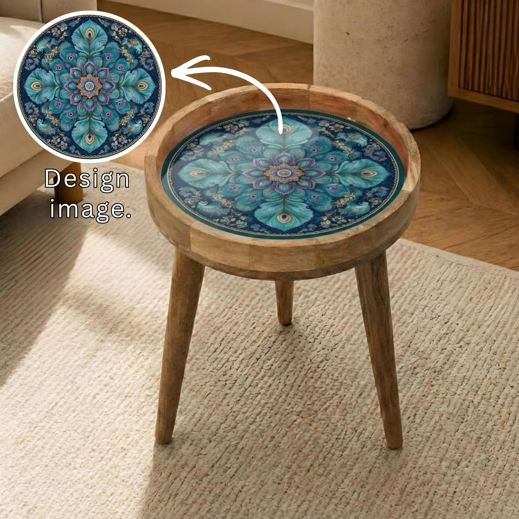 Printed Mango Wood Side Table | Mandala Boho Accent Table | Waterproof Floral Decor Furniture