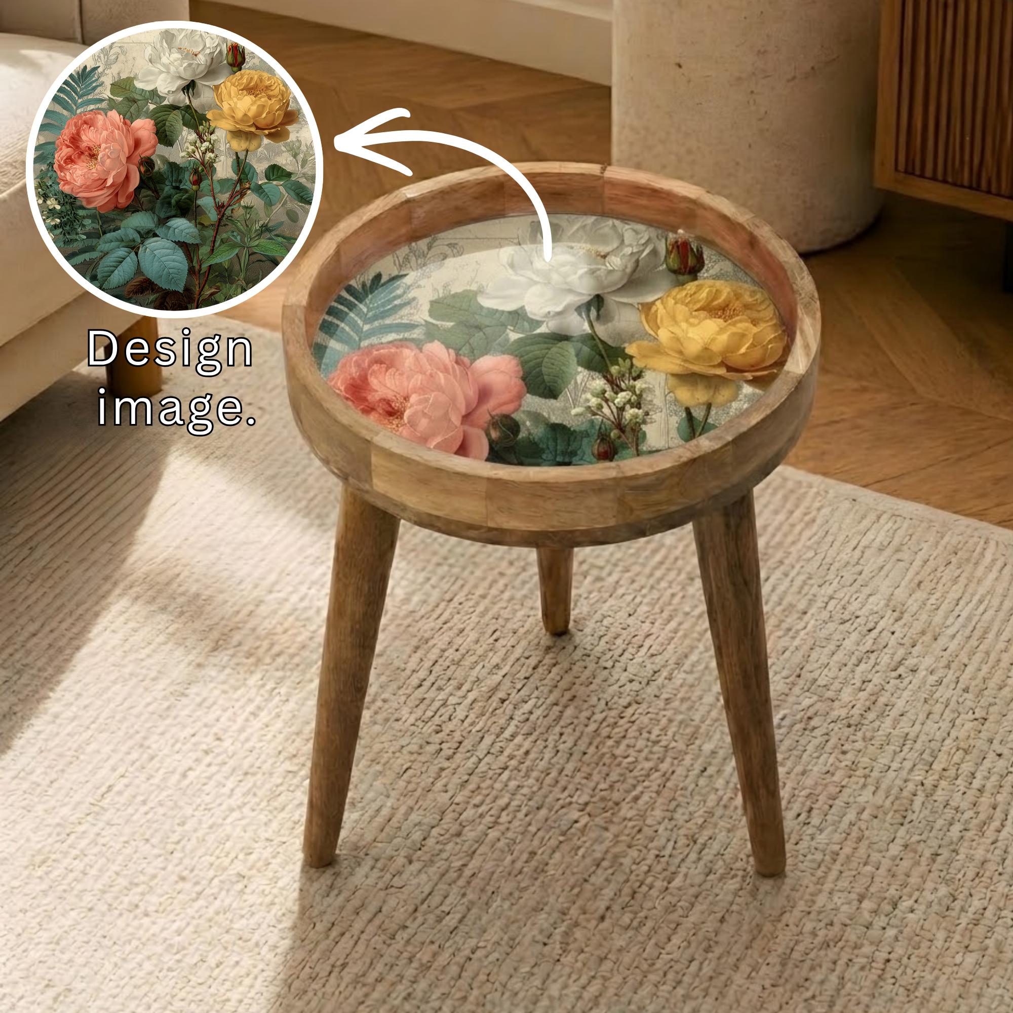 Floral Mango Wood Side Table | Vintage Round Boho Accent Furniture