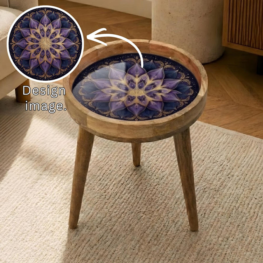 Mandala Printed Mango Wood Side Table | Boho Lotus Spiritual Accent Furniture
