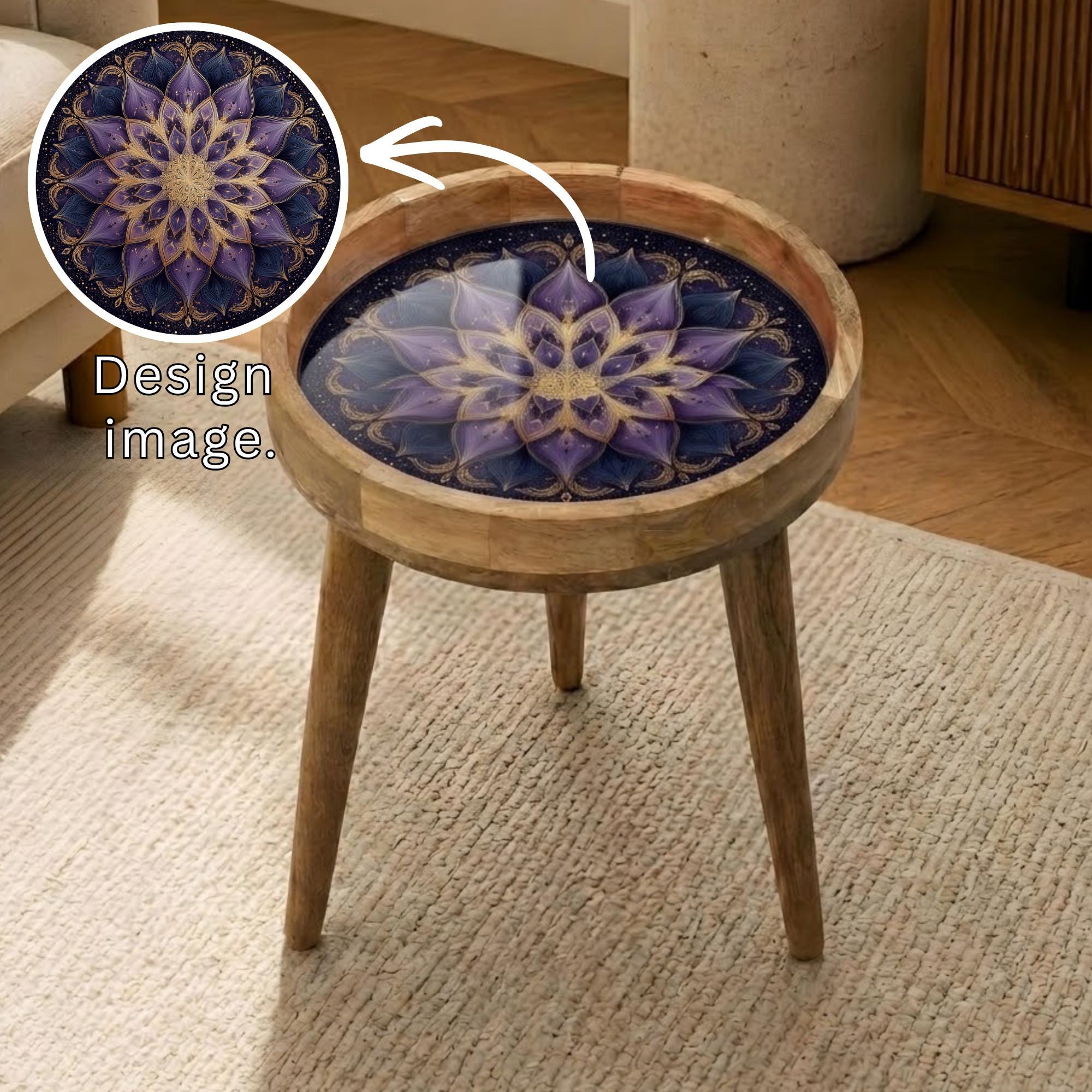 Mandala Printed Mango Wood Side Table | Boho Lotus Spiritual Accent Furniture