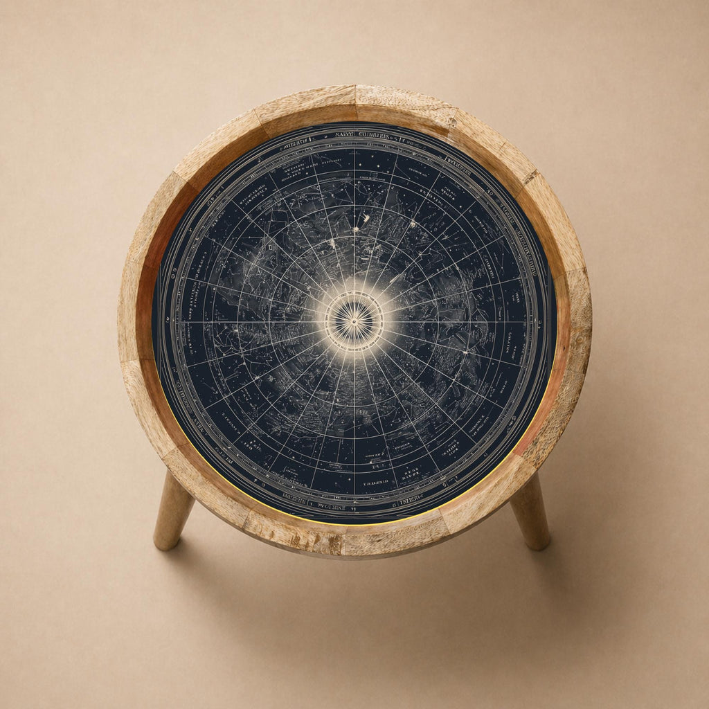 Celestial Map Mango Wood Side Table | Round Star Chart Accent Furniture