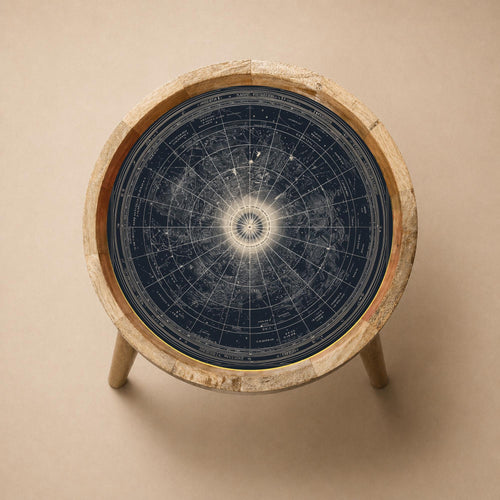 Celestial Map Mango Wood Side Table | Round Star Chart Accent Furniture