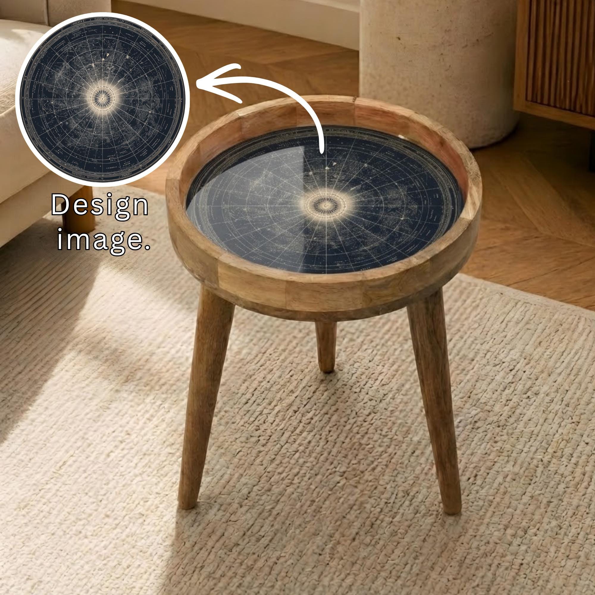 Celestial Map Mango Wood Side Table | Round Star Chart Accent Furniture