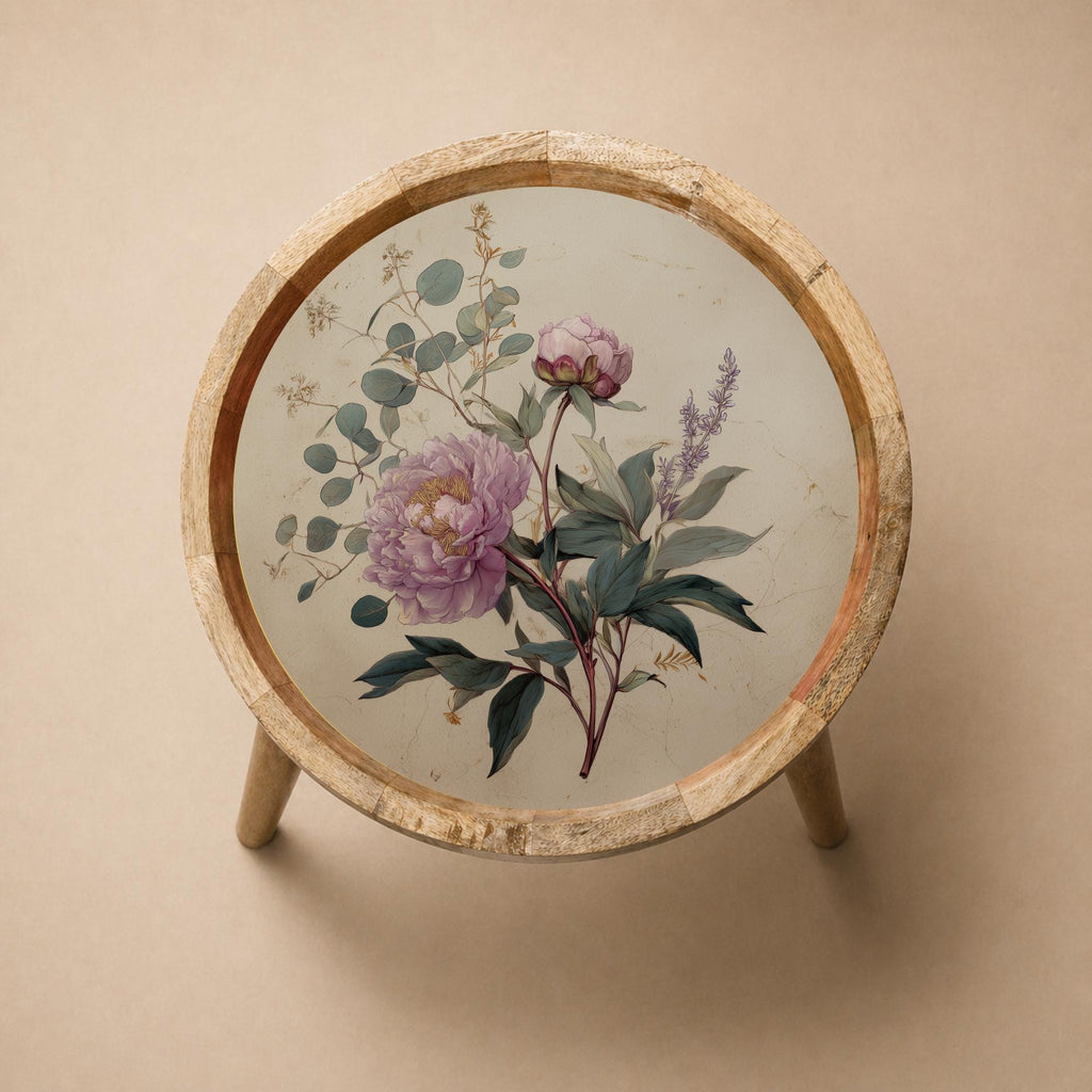 Handmade Mango Wood Side Table | Floral Print Round Accent Boho Decor
