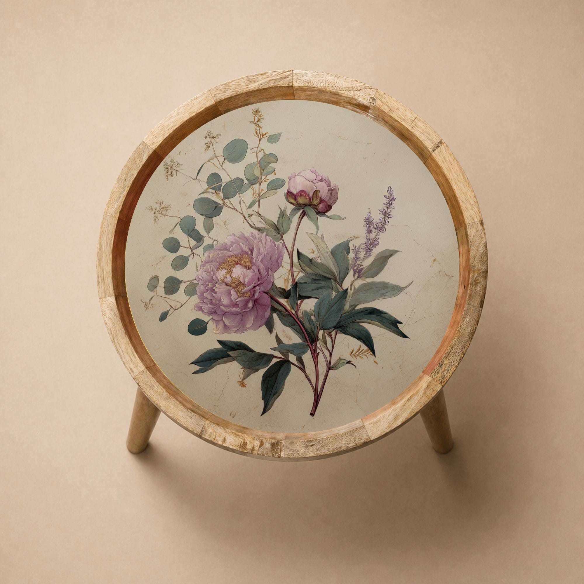Handmade Mango Wood Side Table | Floral Print Round Accent Boho Decor