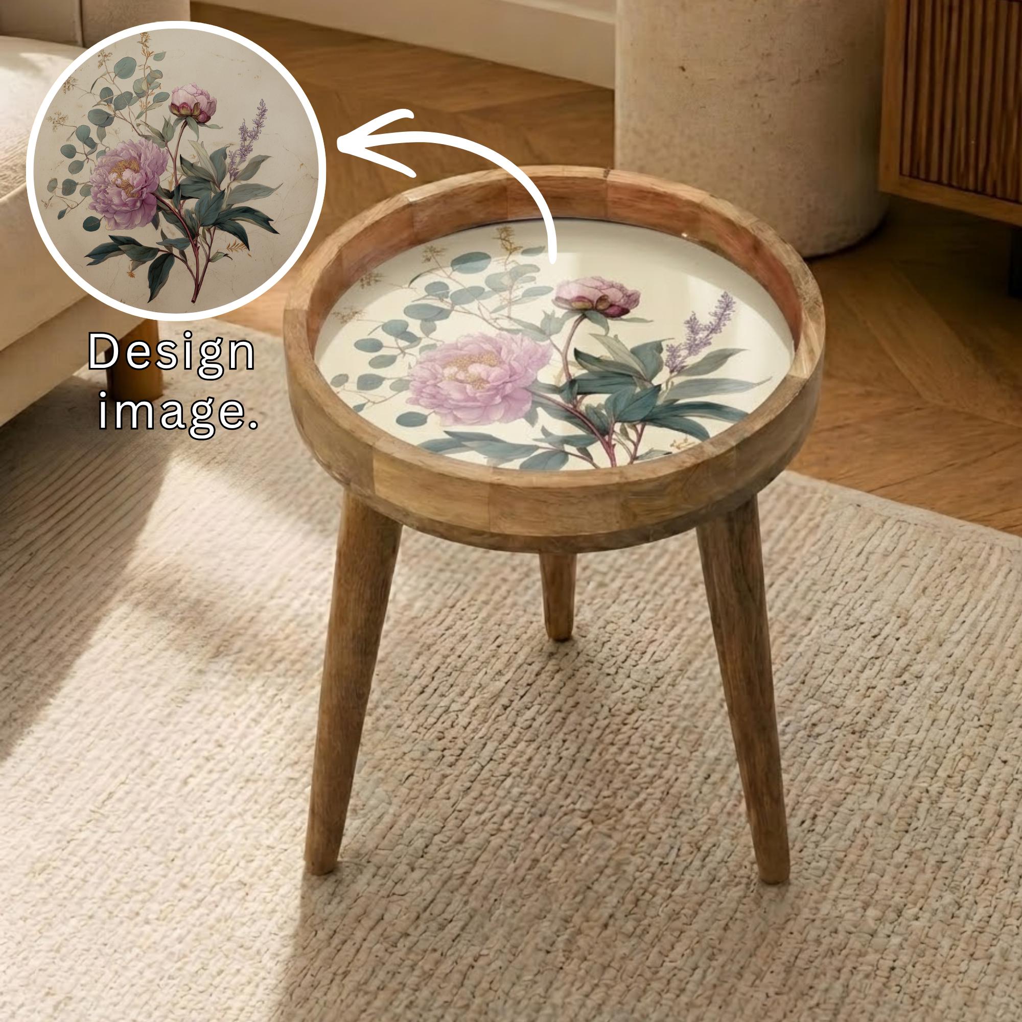 Handmade Mango Wood Side Table | Floral Print Round Accent Boho Decor
