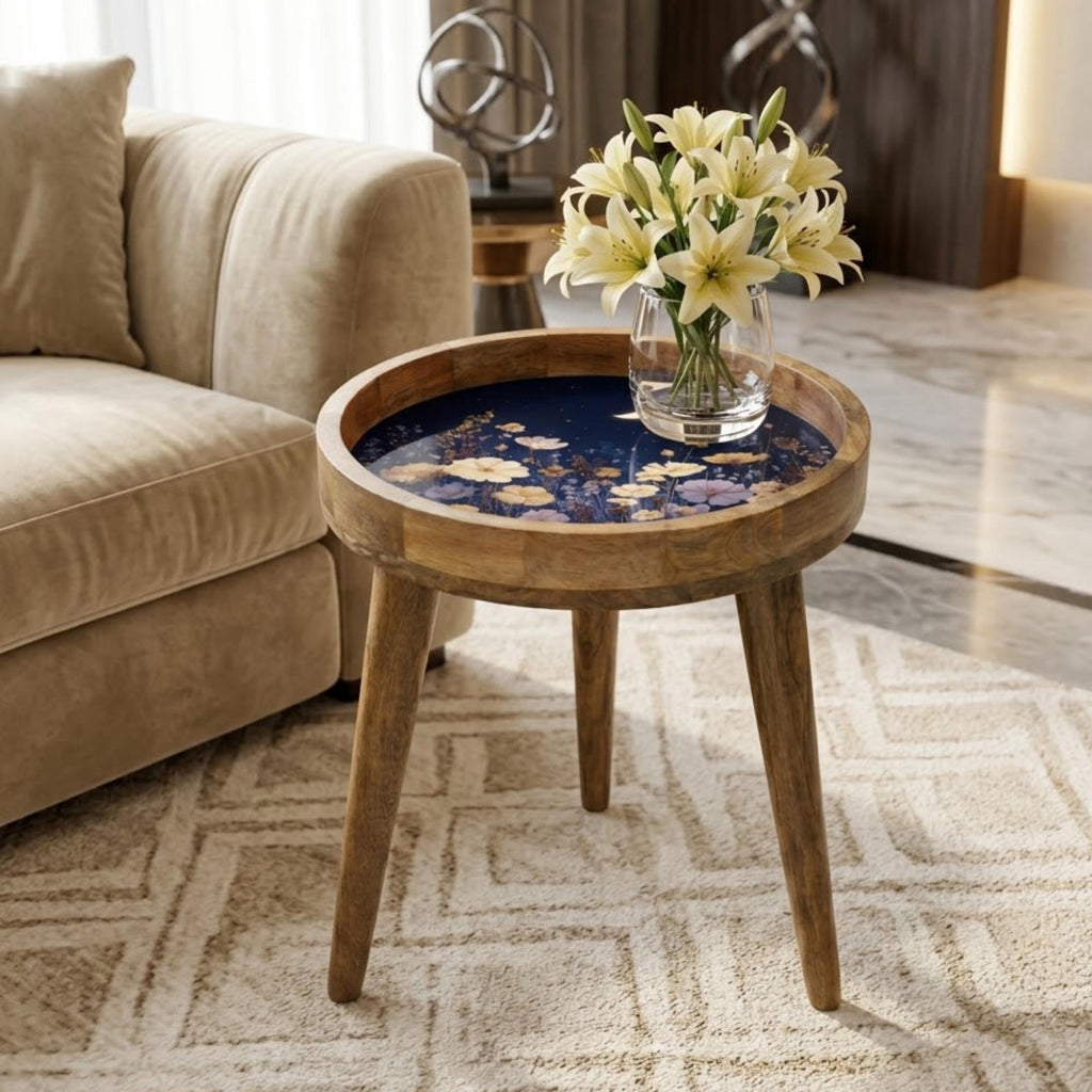Moonlight Floral Mango Wood Side Table | Celestial Boho Accent Furniture