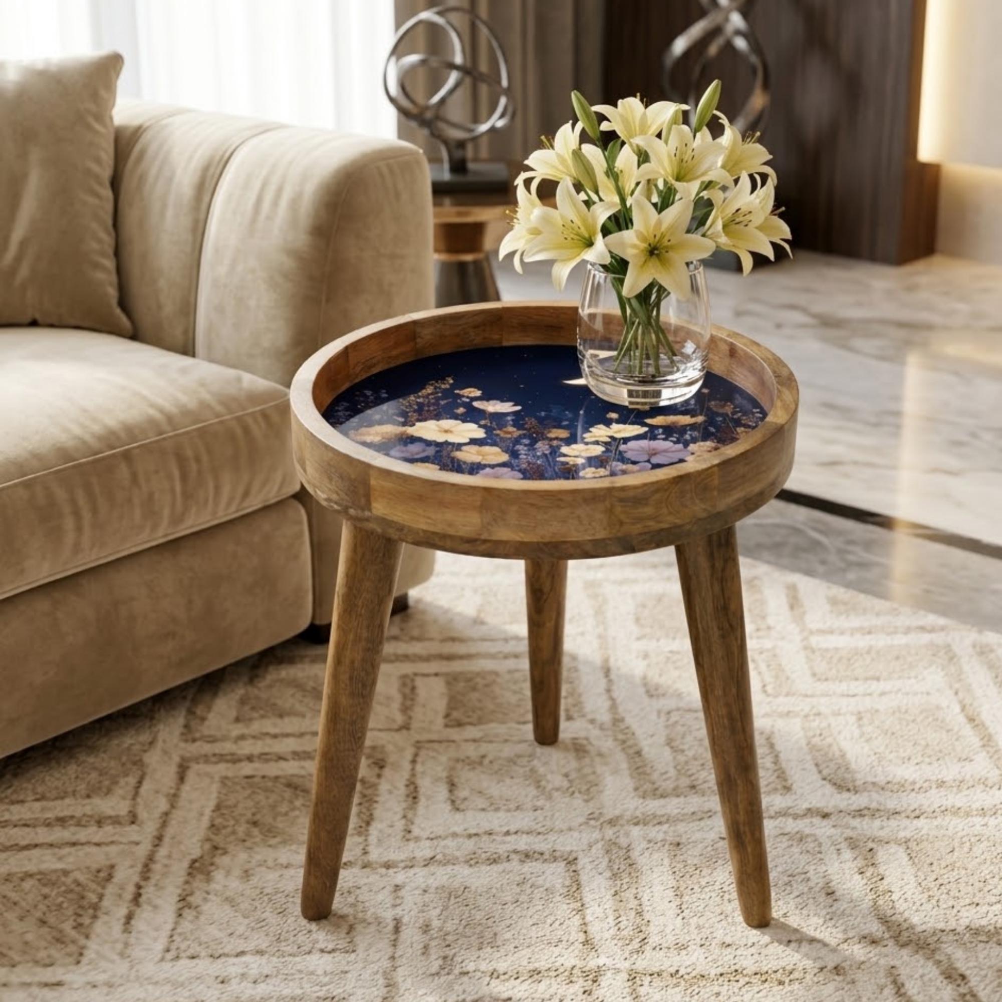 Moonlight Floral Mango Wood Side Table | Celestial Boho Accent Furniture
