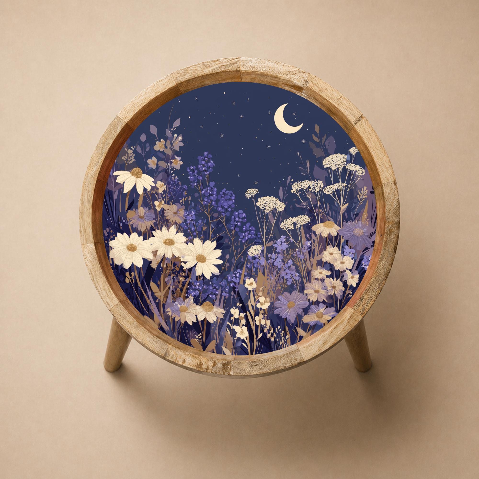 Abstract Floral Mango Wood Side Table | Round Minimalist Accent Furniture