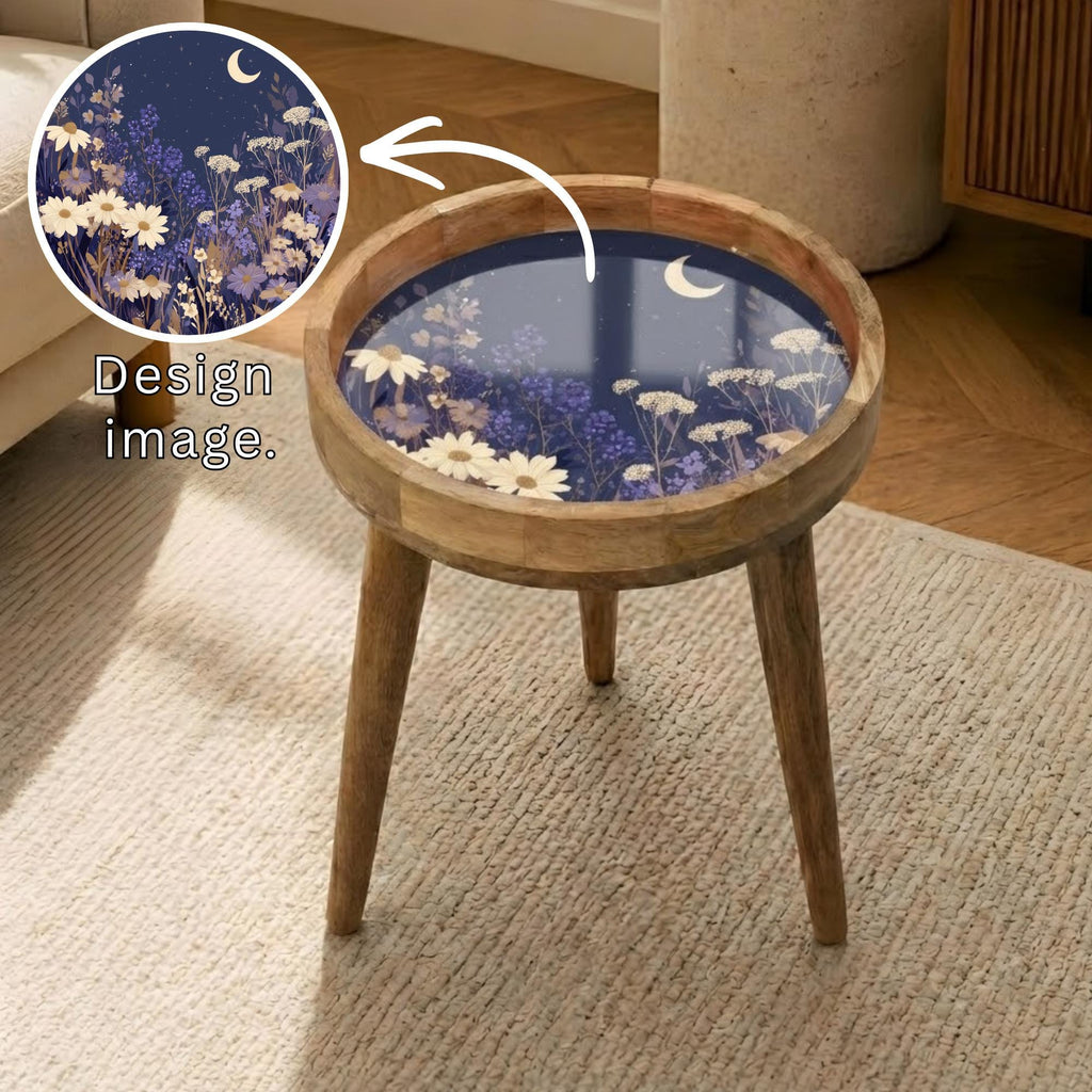 Abstract Floral Mango Wood Side Table | Round Minimalist Accent Furniture