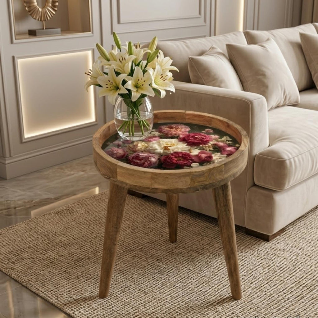 Printed Mango Wood Round Side Table | Handmade Modern Accent Furniture