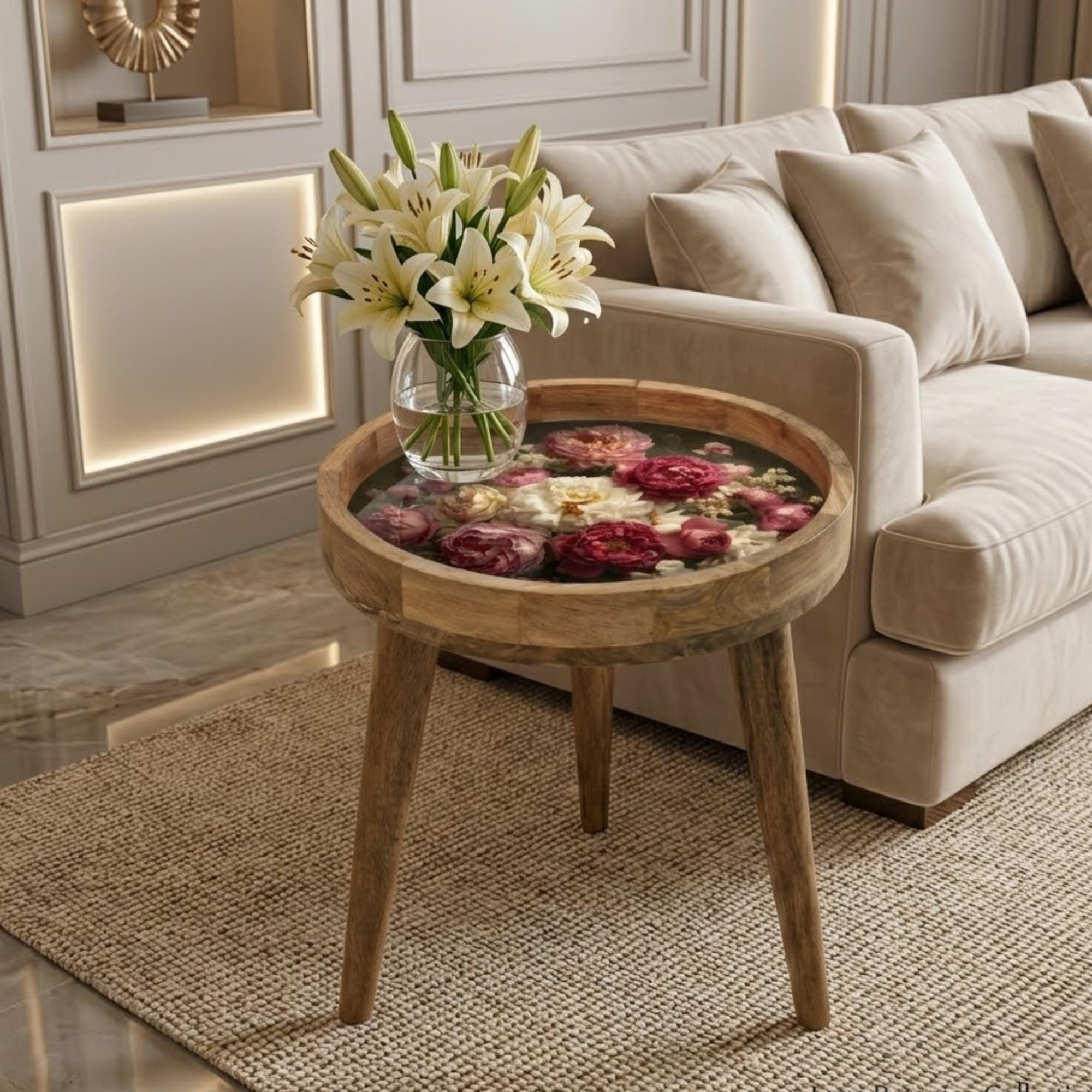 Printed Mango Wood Round Side Table | Handmade Modern Accent Furniture