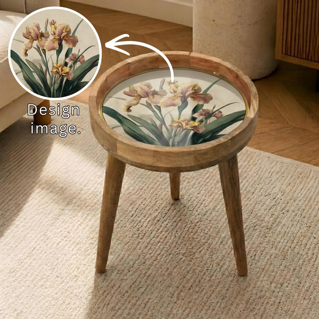Iris Floral Mango Wood Side Table | Botanical Round End Table | Boho Decor