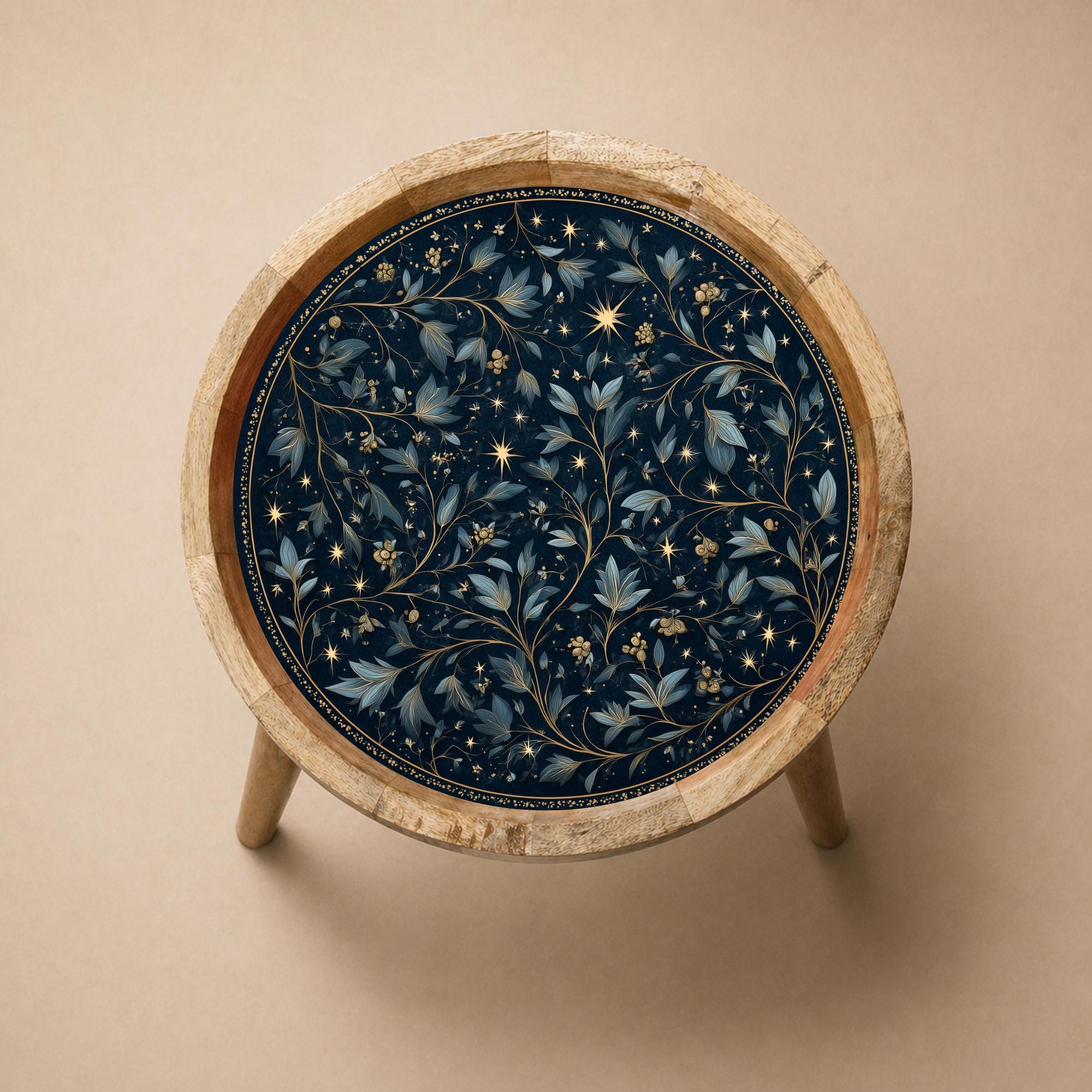Floral Starry Mango Wood Side Table | Botanical Nightstand, Celestial Accent Furniture