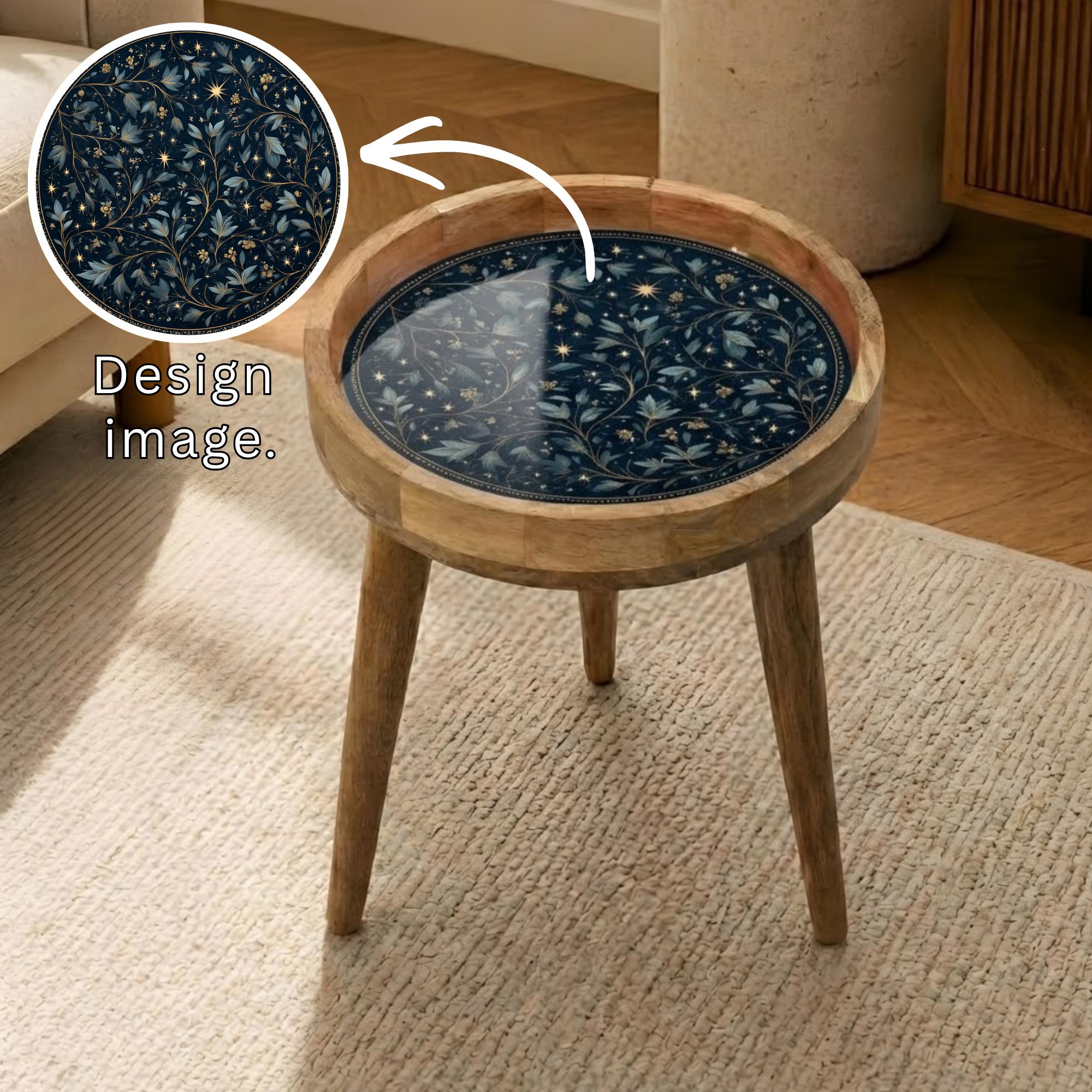 Floral Starry Mango Wood Side Table | Botanical Nightstand, Celestial Accent Furniture