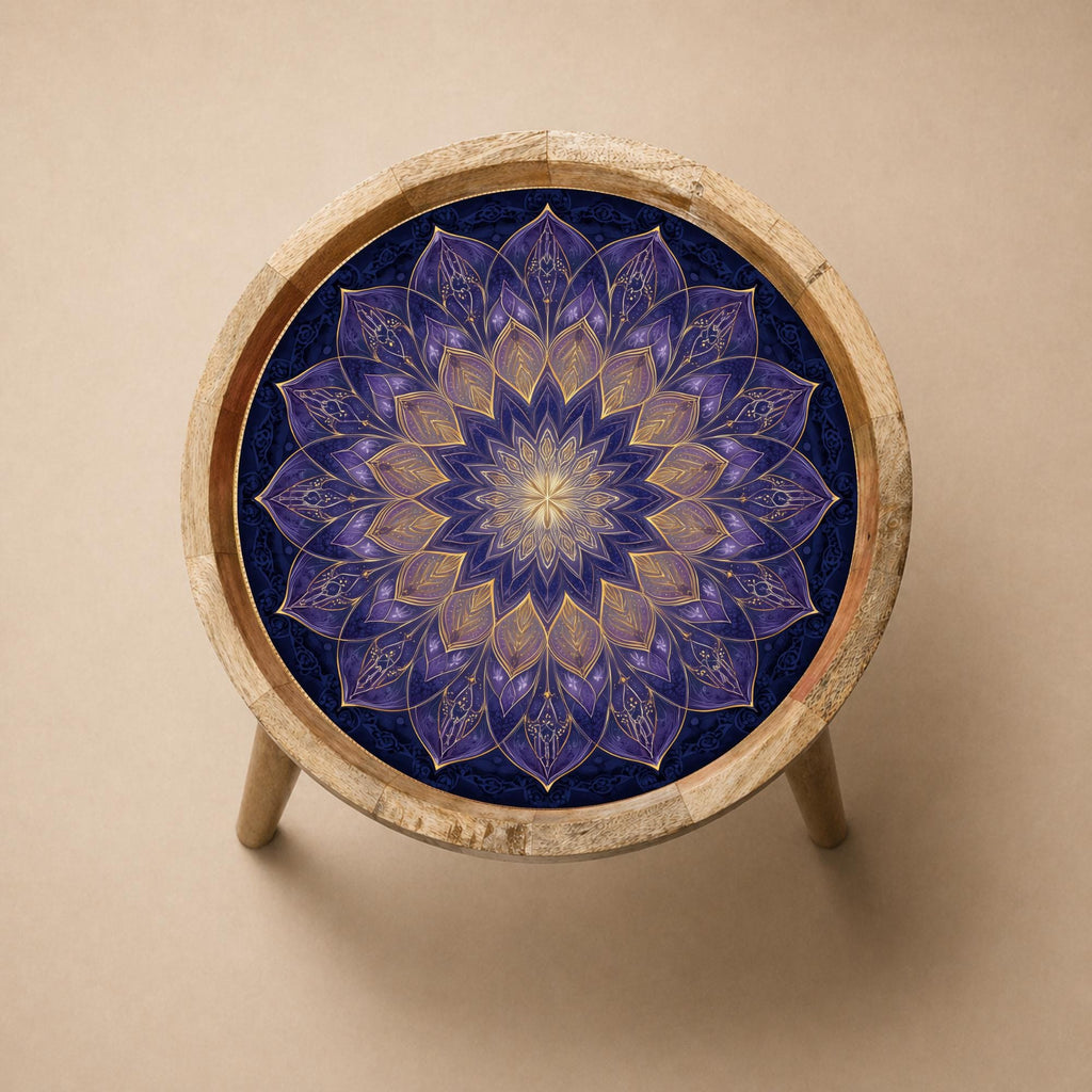 Mandala Printed Mango Wood Side Table | Purple Lotus Round Accent Table