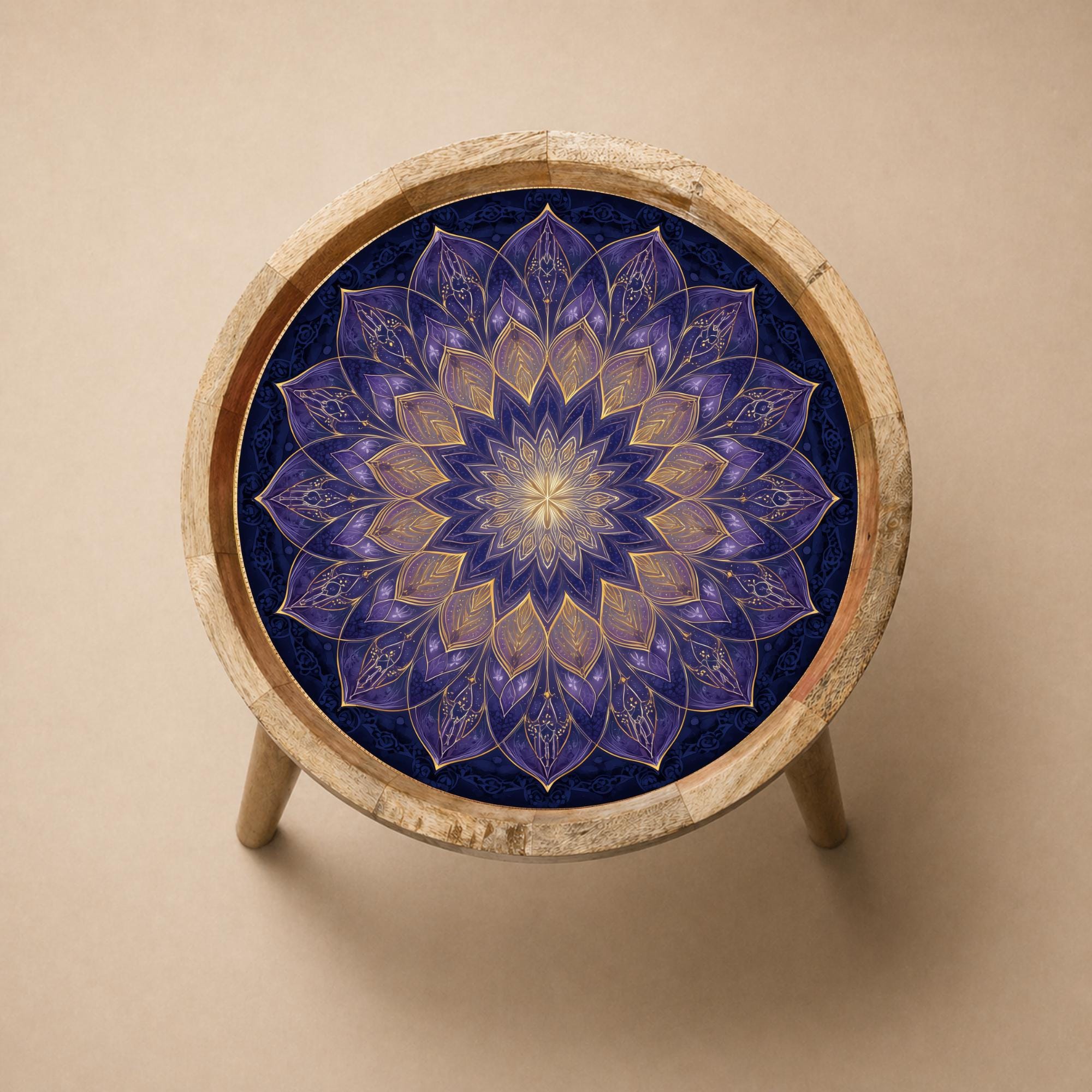 Mandala Printed Mango Wood Side Table | Purple Lotus Round Accent Table