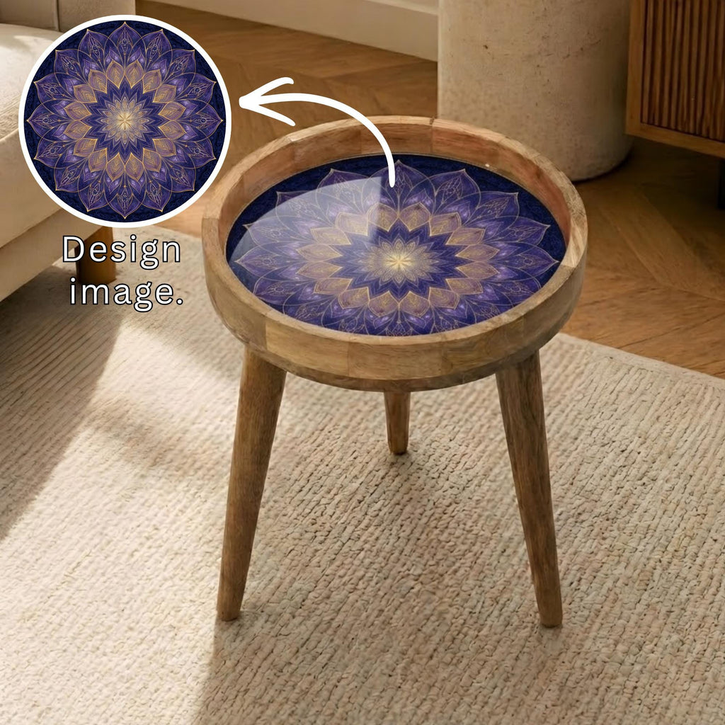 Mandala Printed Mango Wood Side Table | Purple Lotus Round Accent Table