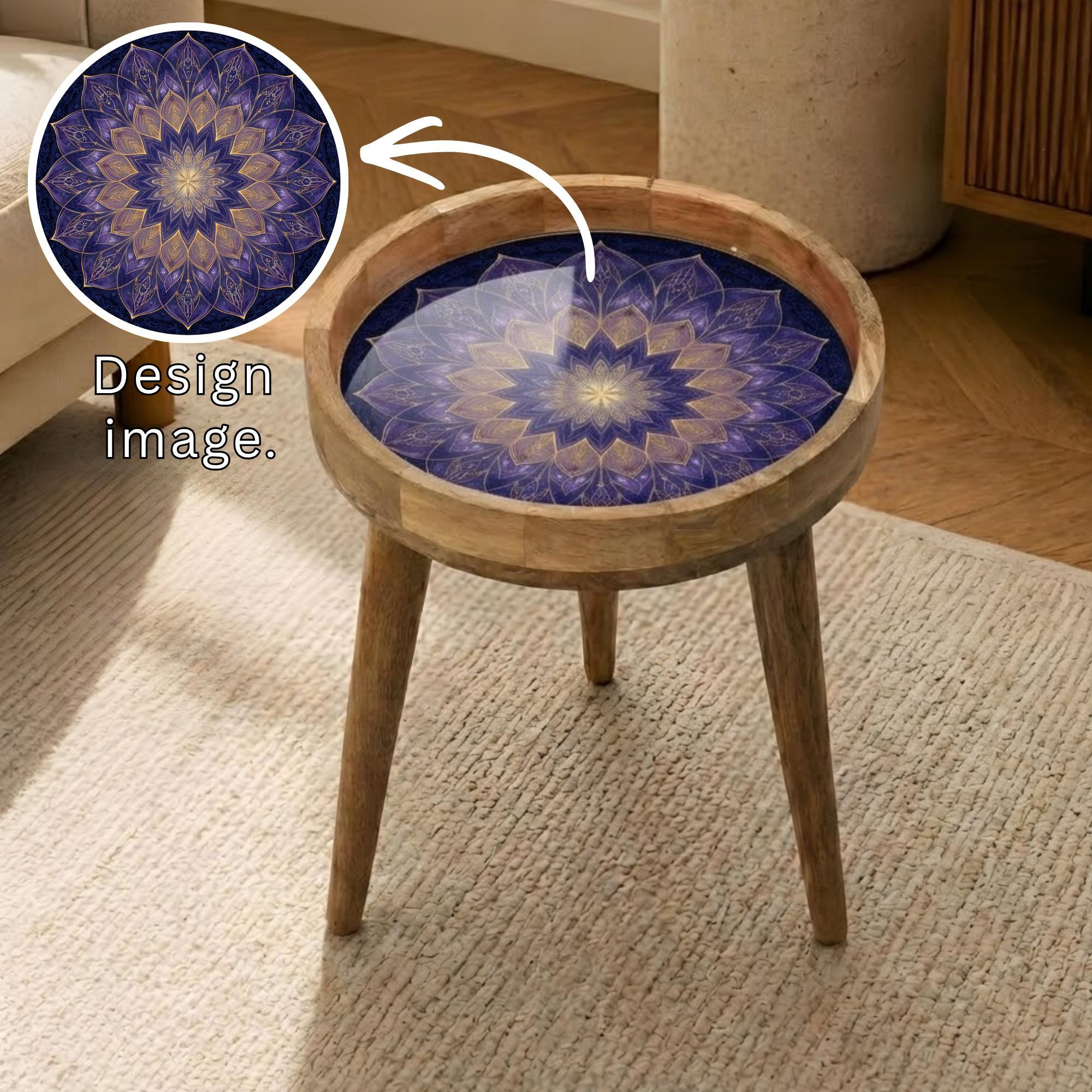Mandala Printed Mango Wood Side Table | Purple Lotus Round Accent Table