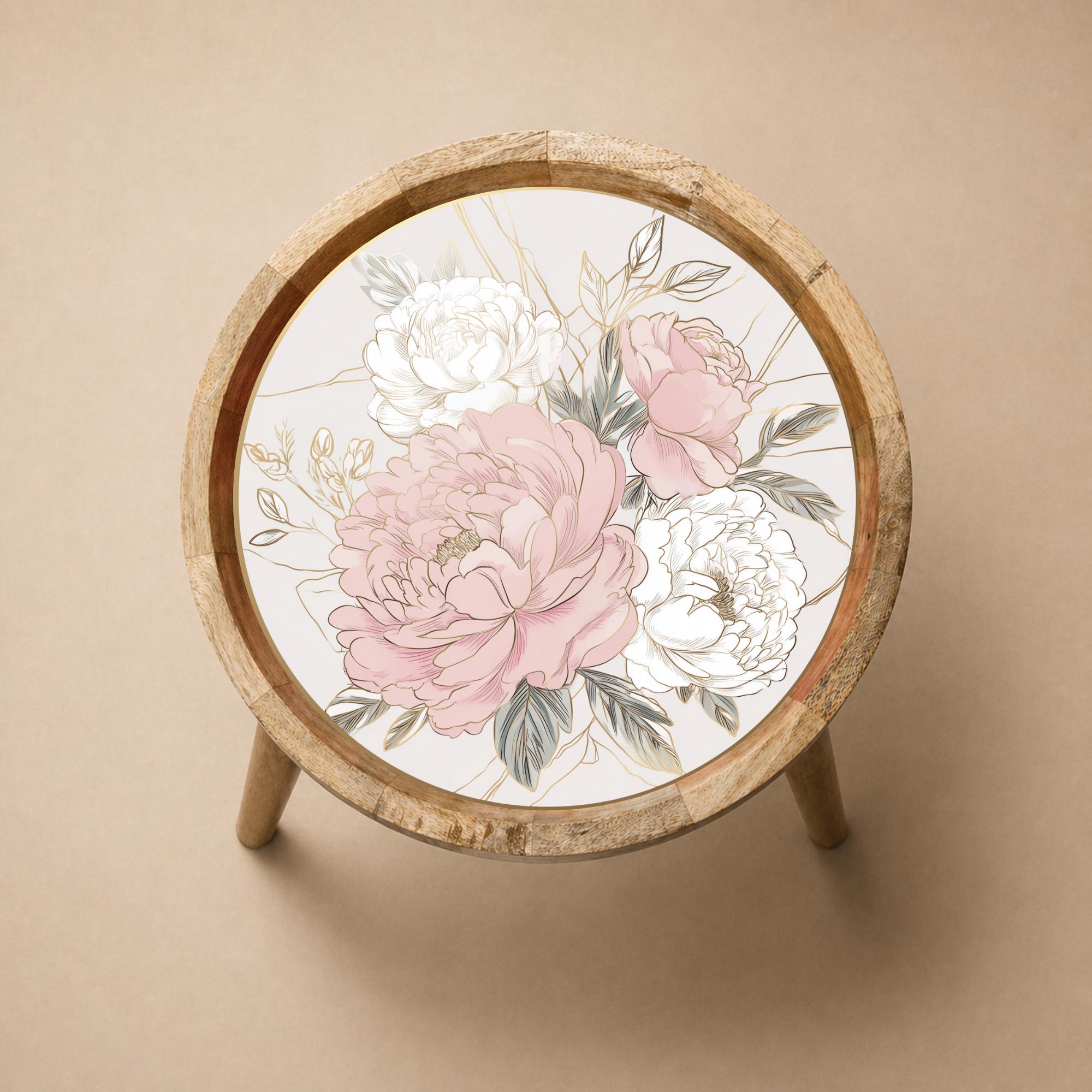 Peony Floral Mango Wood Side Table | Soft Pink Botanical Accent Table | Boho Handmade Decor