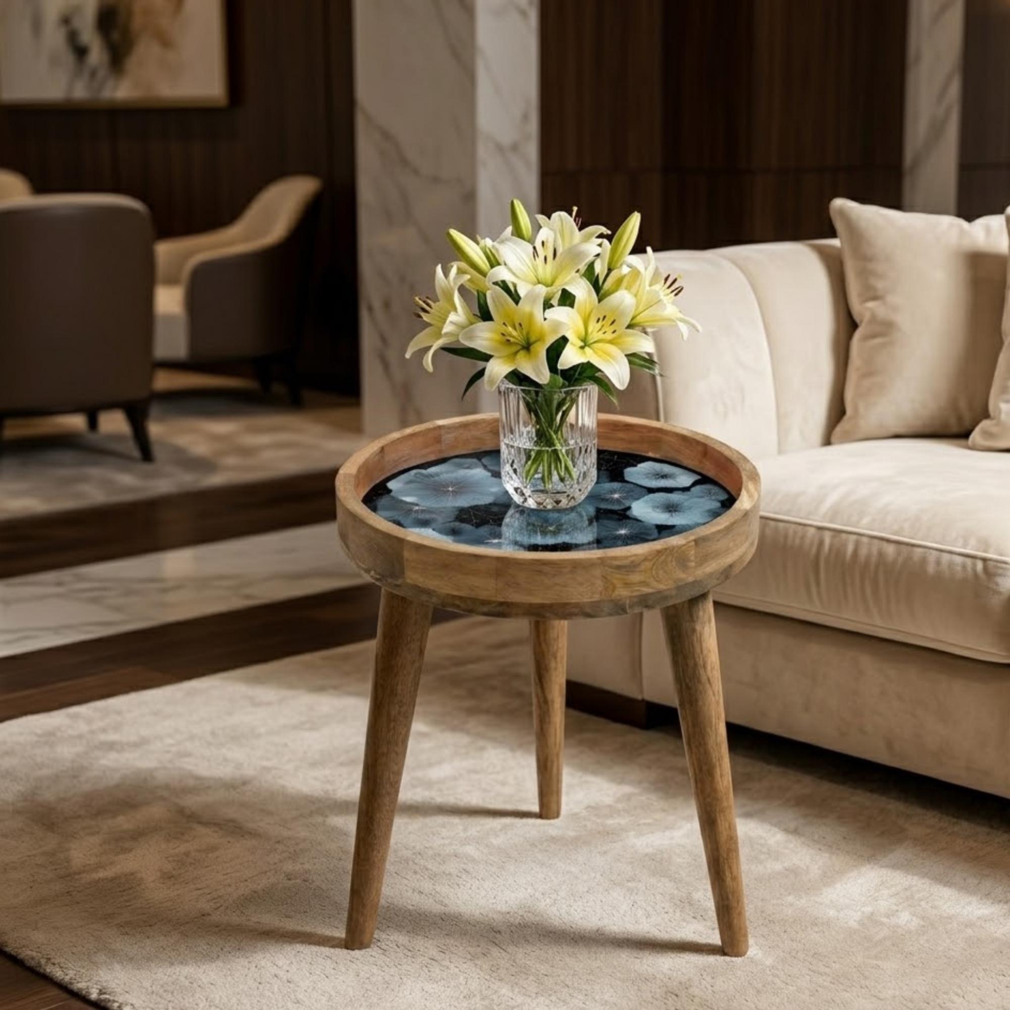 Blue Floral Mango Wood Side Table | Modern Botanical Round Accent Furniture