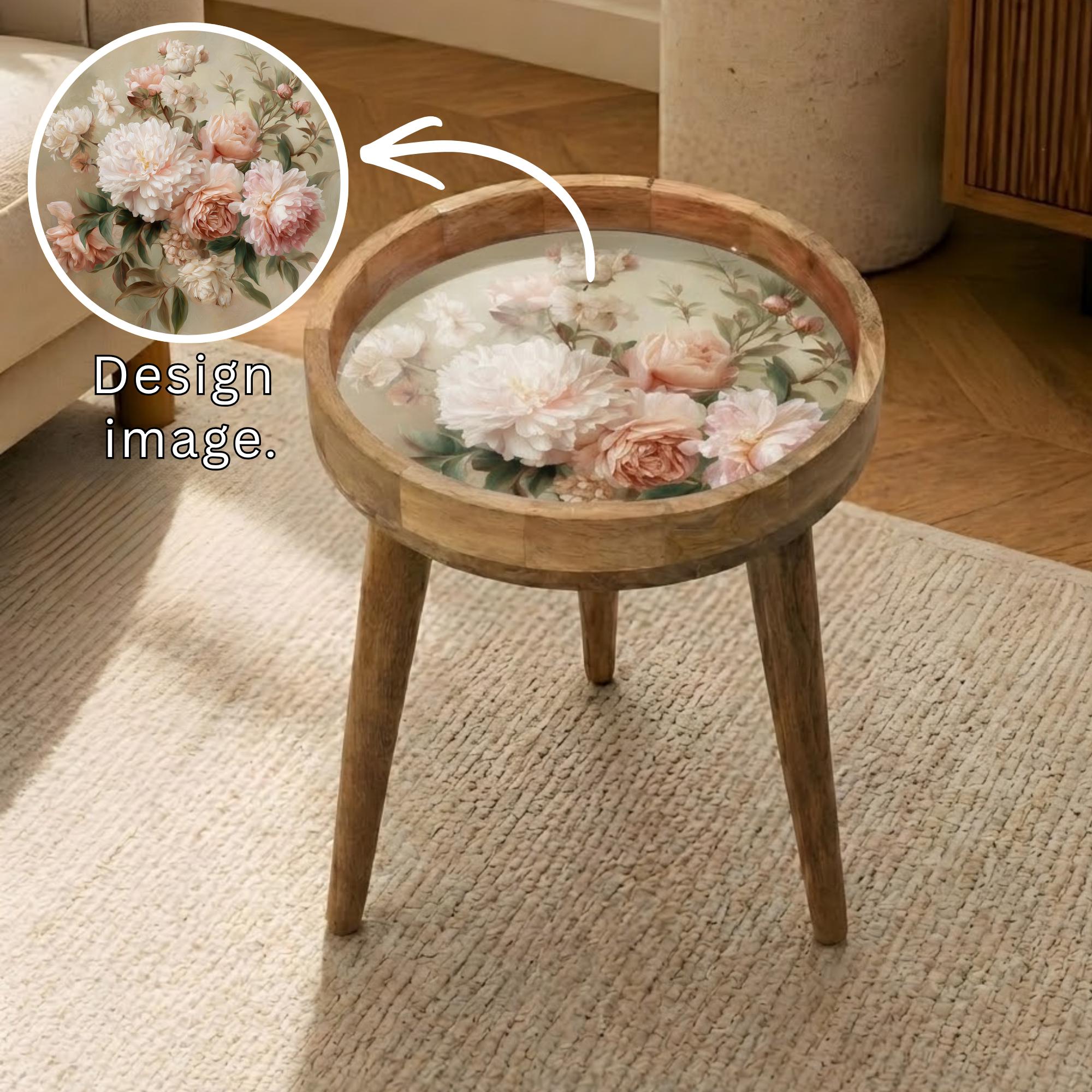 Peony Rose Mango Wood Side Table | Vintage Floral Round Accent Table | Boho Furniture Decor