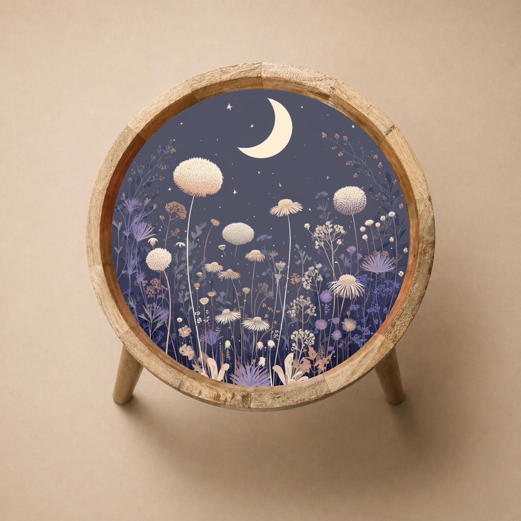 Moon Meadow Mango Wood Side Table | Celestial Floral Night Accent Table