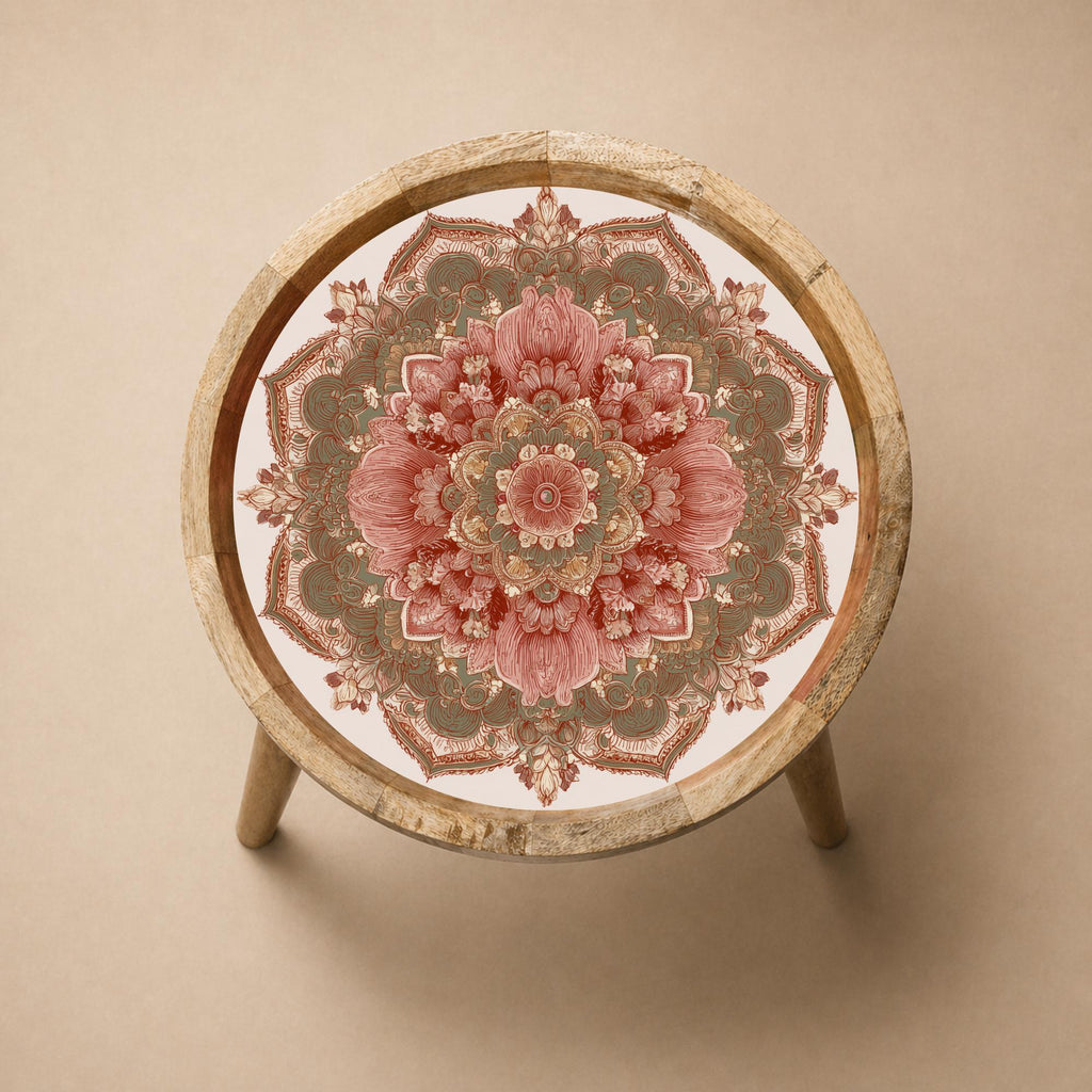 Pink Mandala Mango Wood Side Table | Boho Floral Round Accent Furniture