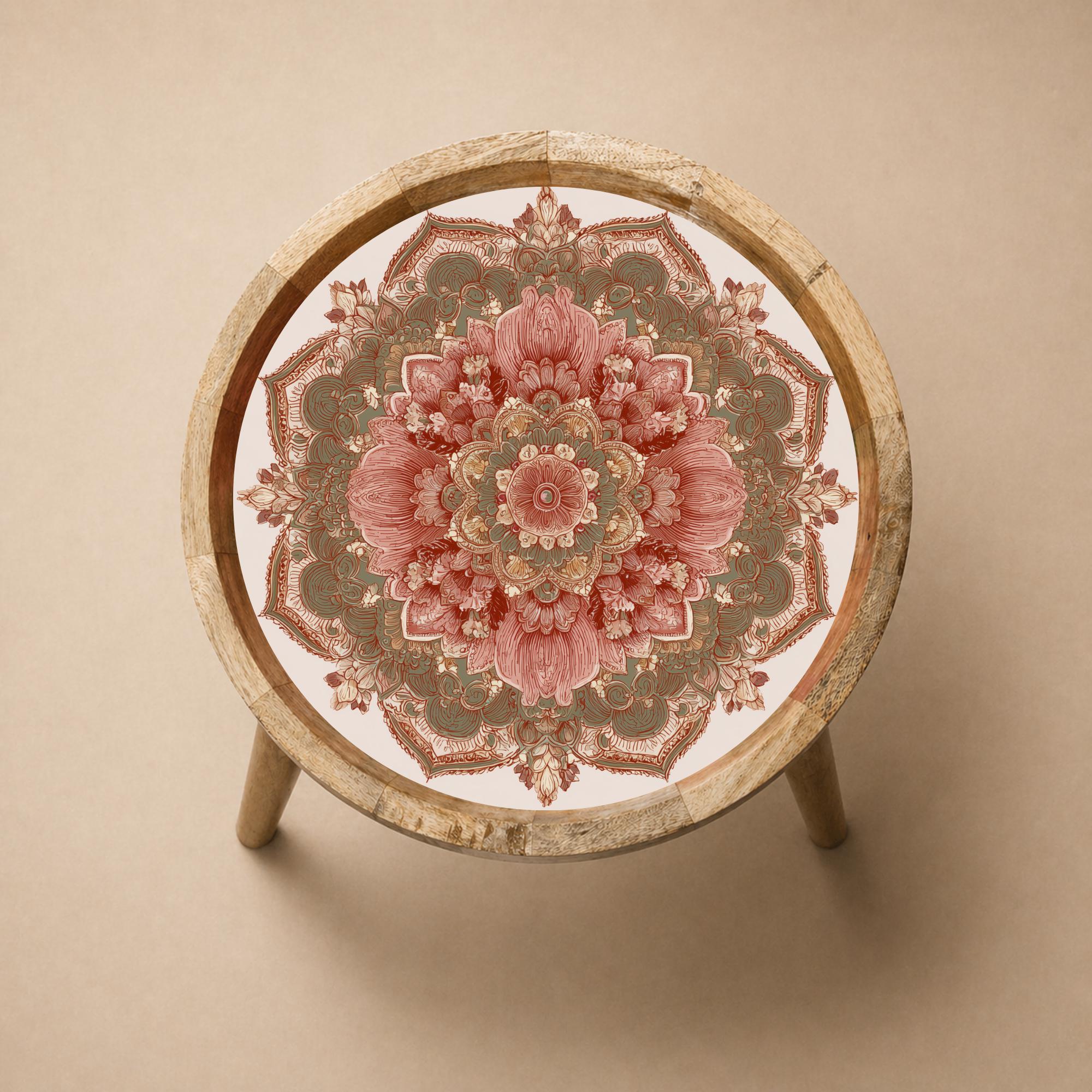 Pink Mandala Mango Wood Side Table | Boho Floral Round Accent Furniture