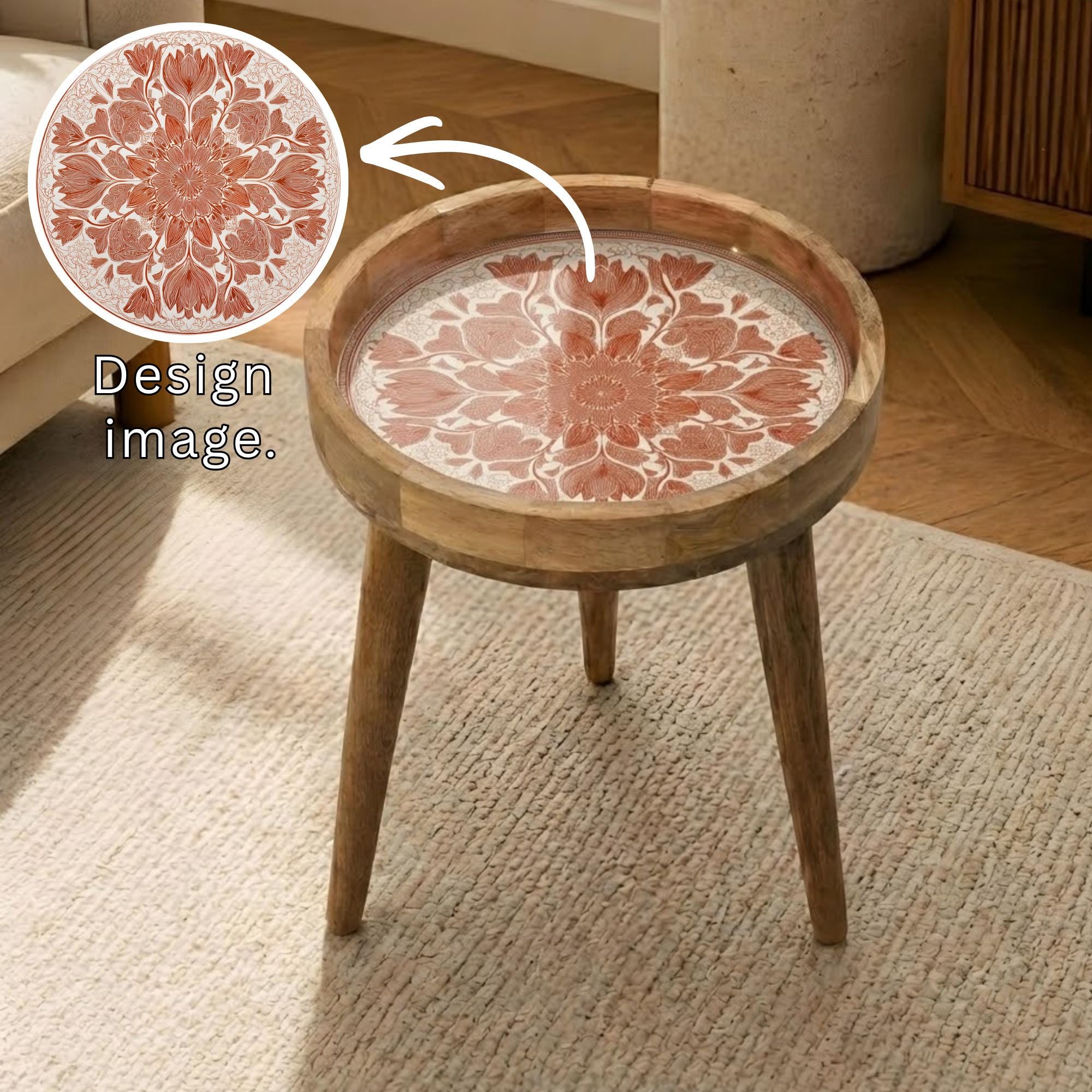 Floral Mandala Mango Wood Side Table | Terracotta Boho Round Accent Table