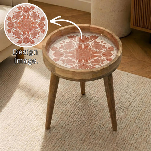 Floral Mandala Mango Wood Side Table | Terracotta Boho Round Accent Table
