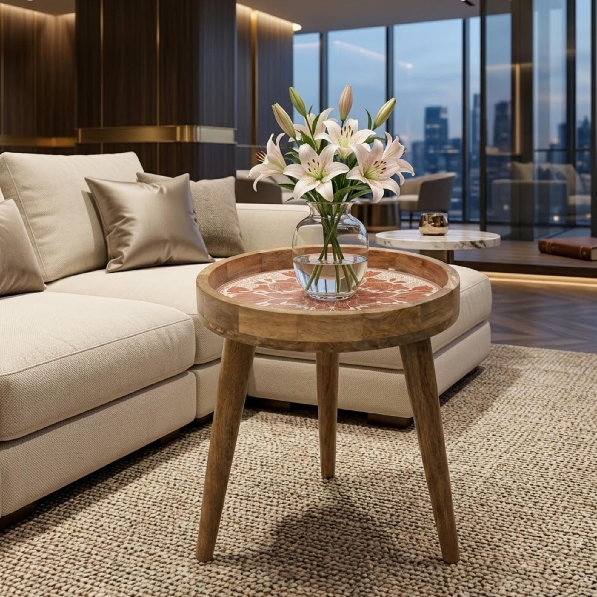Floral Mandala Mango Wood Side Table | Terracotta Boho Round Accent Table