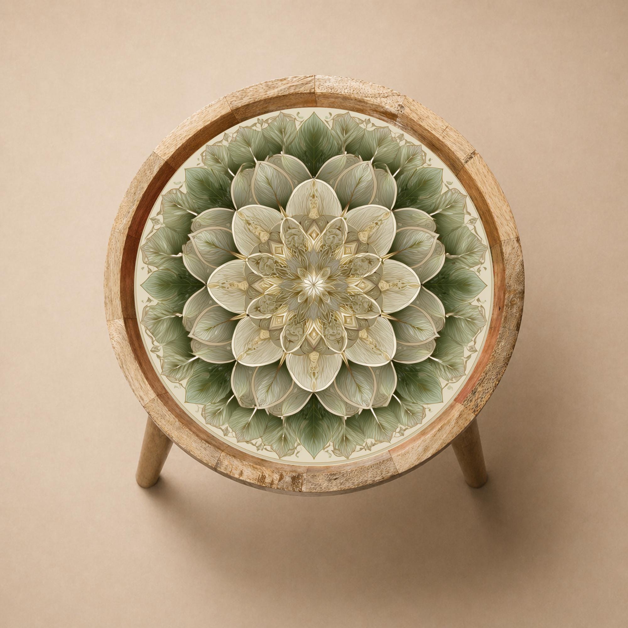 Green Mandala Mango Wood Side Table | Lotus Round Boho Accent Furniture