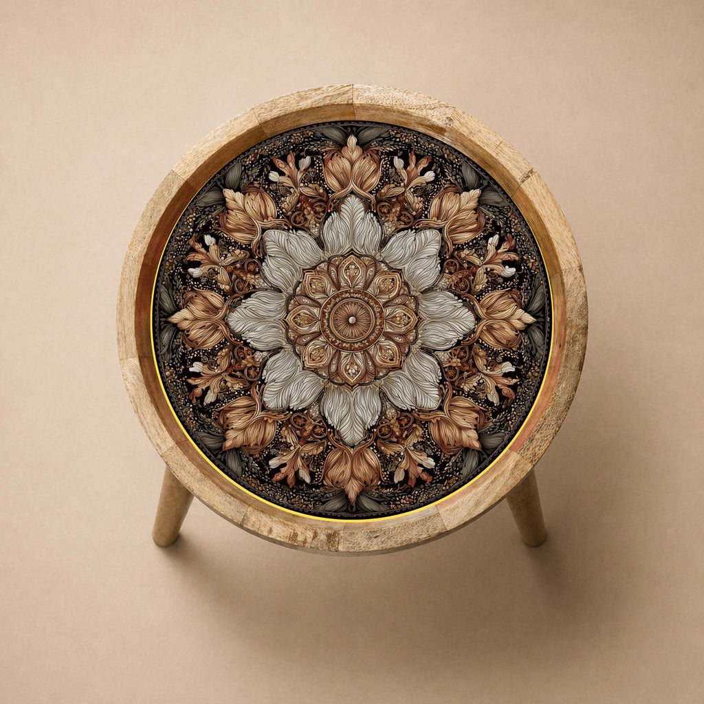 Vintage Mandala Mango Wood Side Table | Rustic Boho Floral Accent Furniture