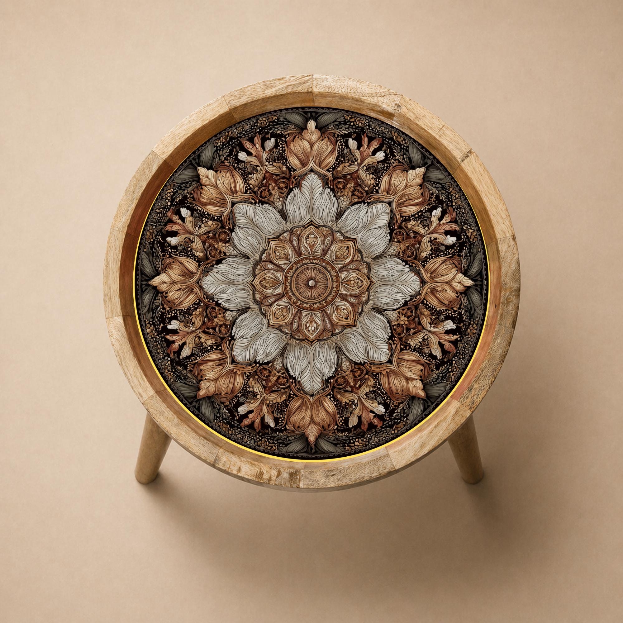 Vintage Mandala Mango Wood Side Table | Rustic Boho Floral Accent Furniture
