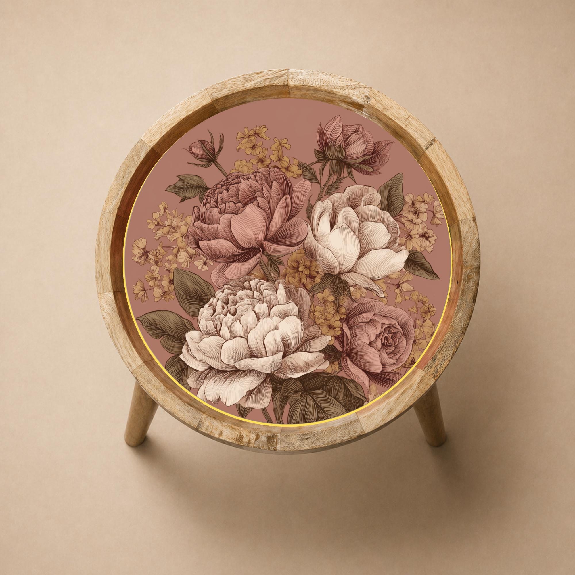 Vintage Rose Mango Wood Side Table | Blush Floral Round Accent Table