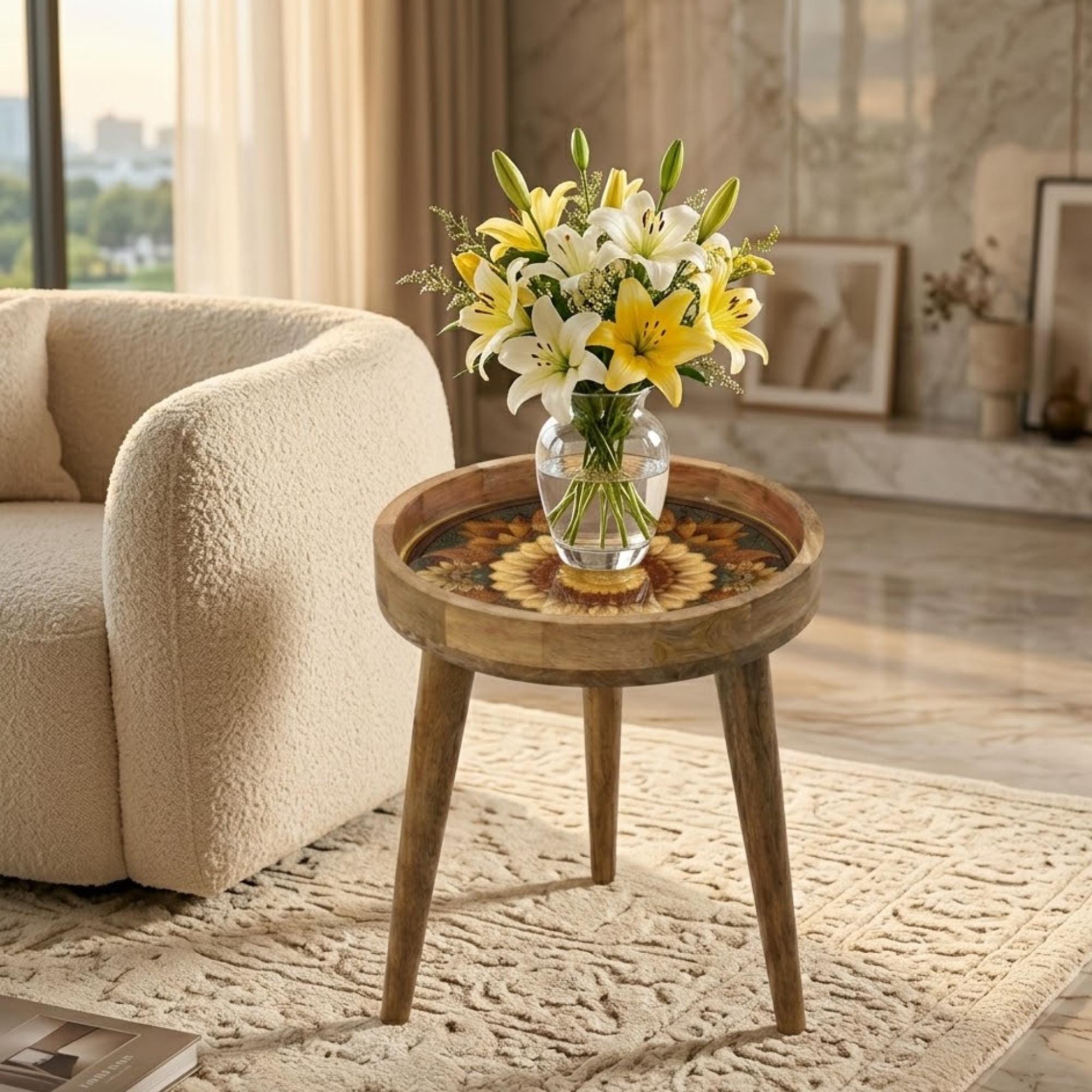 Sunflower Mandala Mango Wood Side Table | Rustic Boho Round Floral Accent Furniture