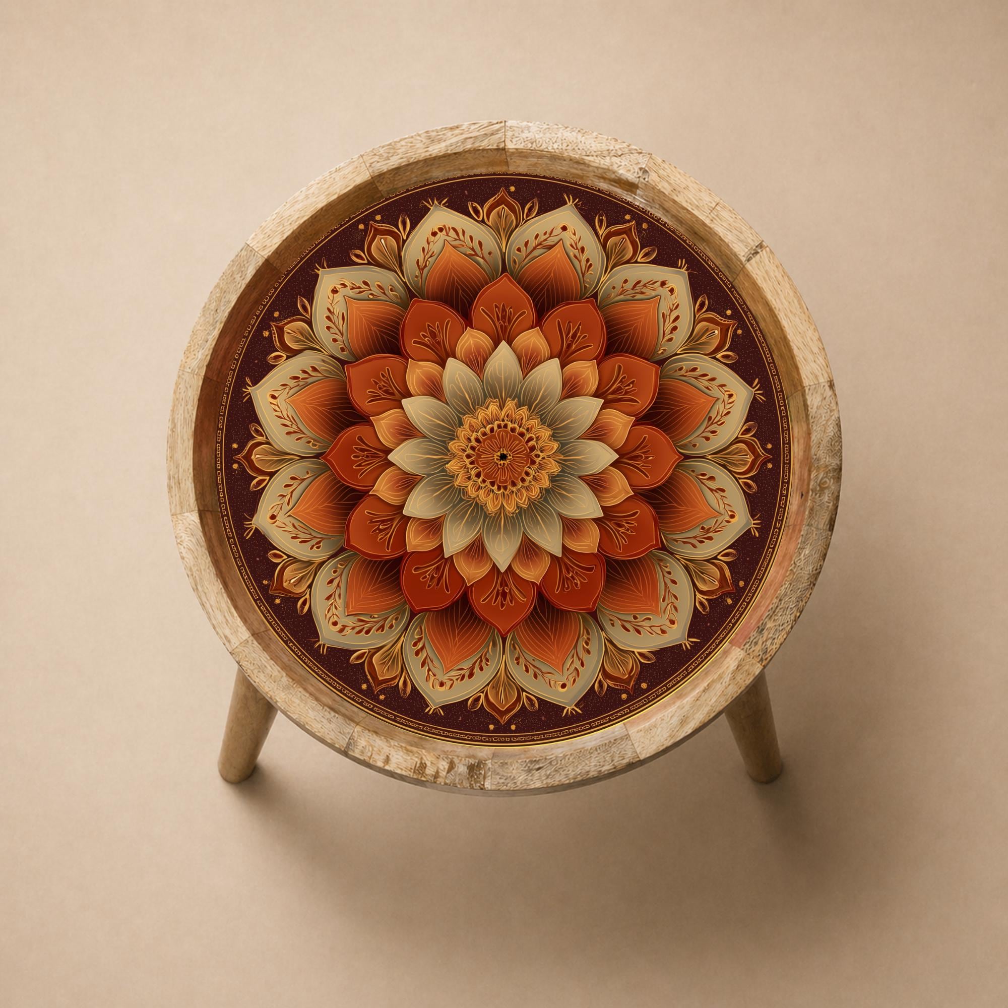 Mandala Floral Mango Wood Side Table | Boho Rustic Round Accent Furniture