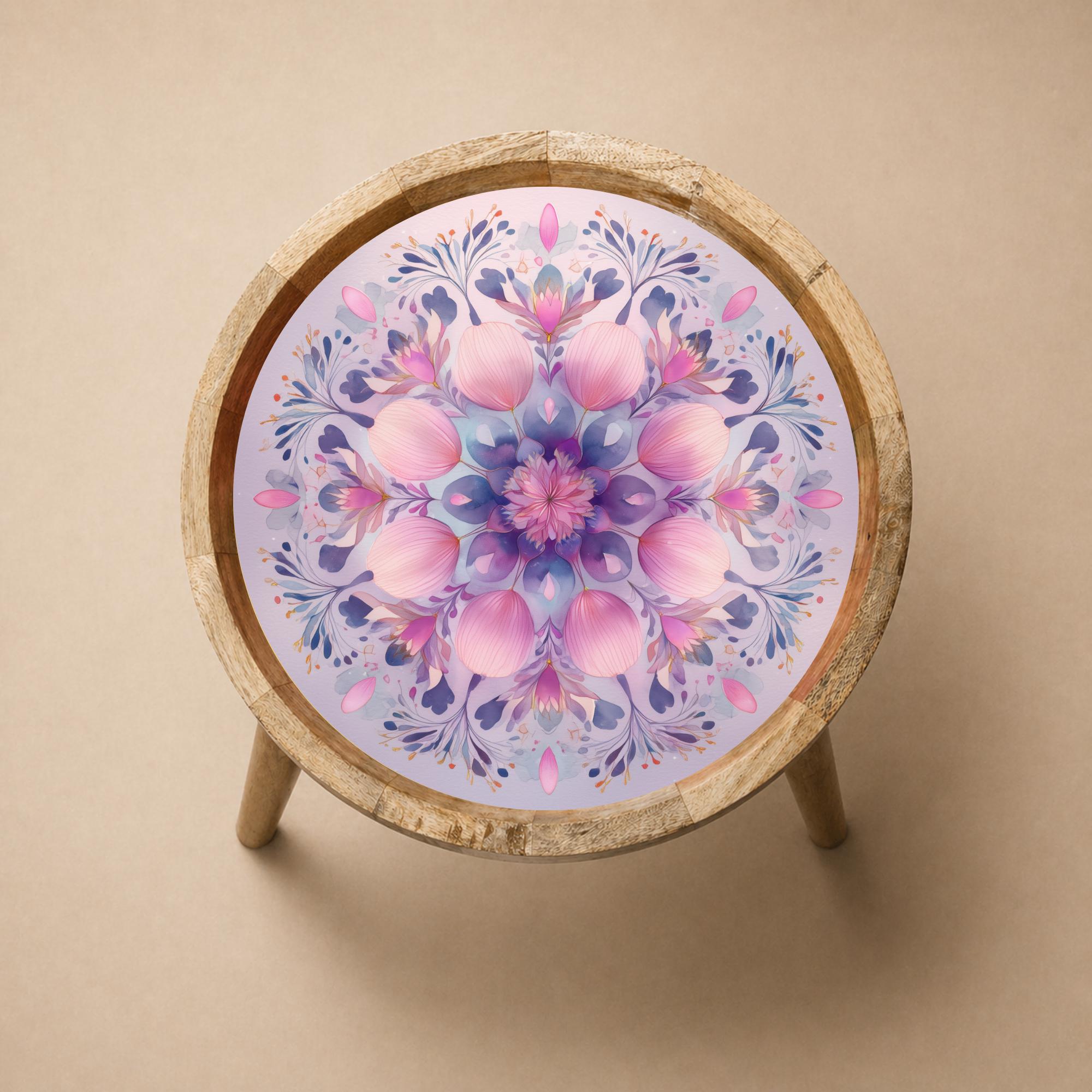 Pastel Floral Mandala Mango Wood Side Table | Boho Round Accent Furniture