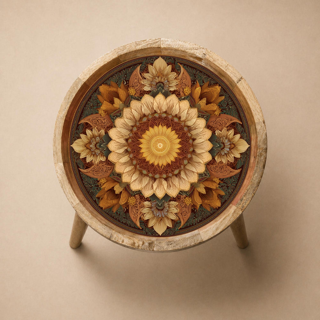 Mango Wood Side Table | Pastel Floral Mandala Print, Boho Accent Furniture