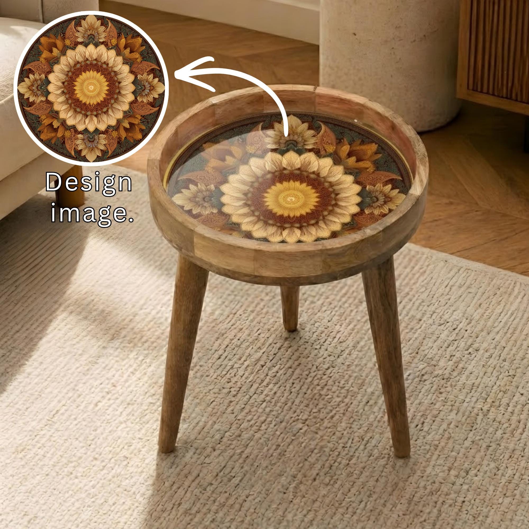 Mango Wood Side Table | Pastel Floral Mandala Print, Boho Accent Furniture