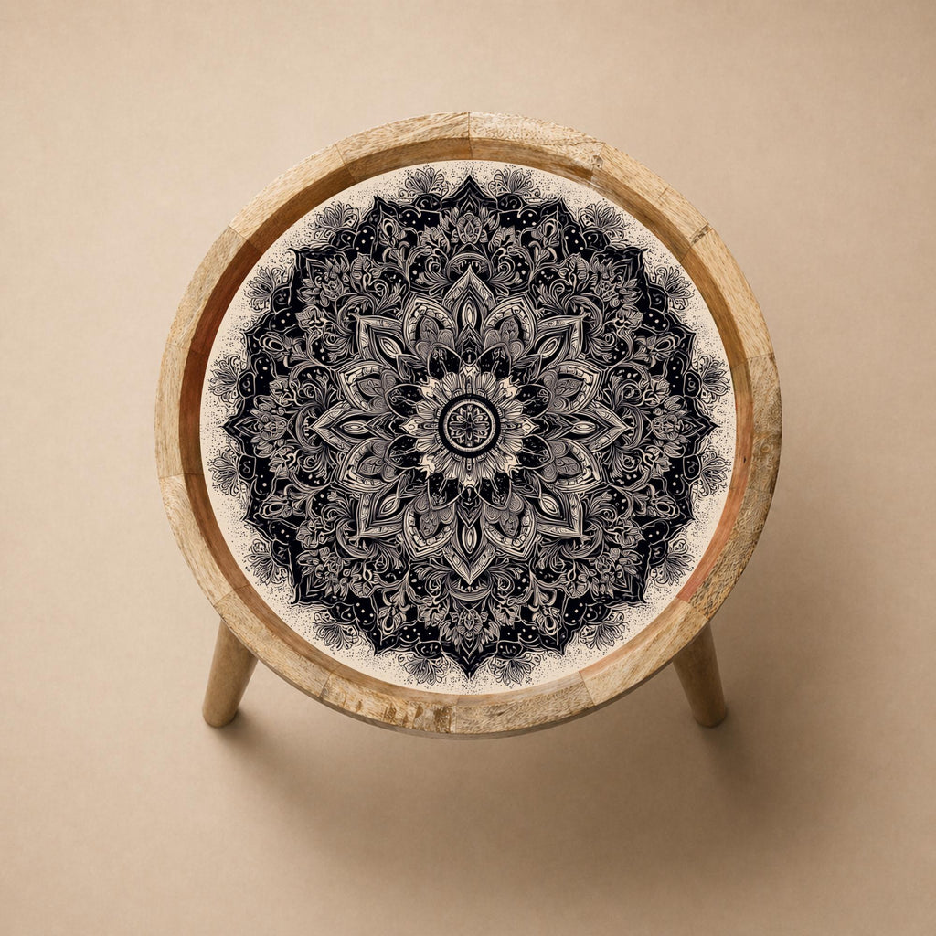 Black White Mandala Mango Wood Side Table | Boho Rustic Round Accent Furniture